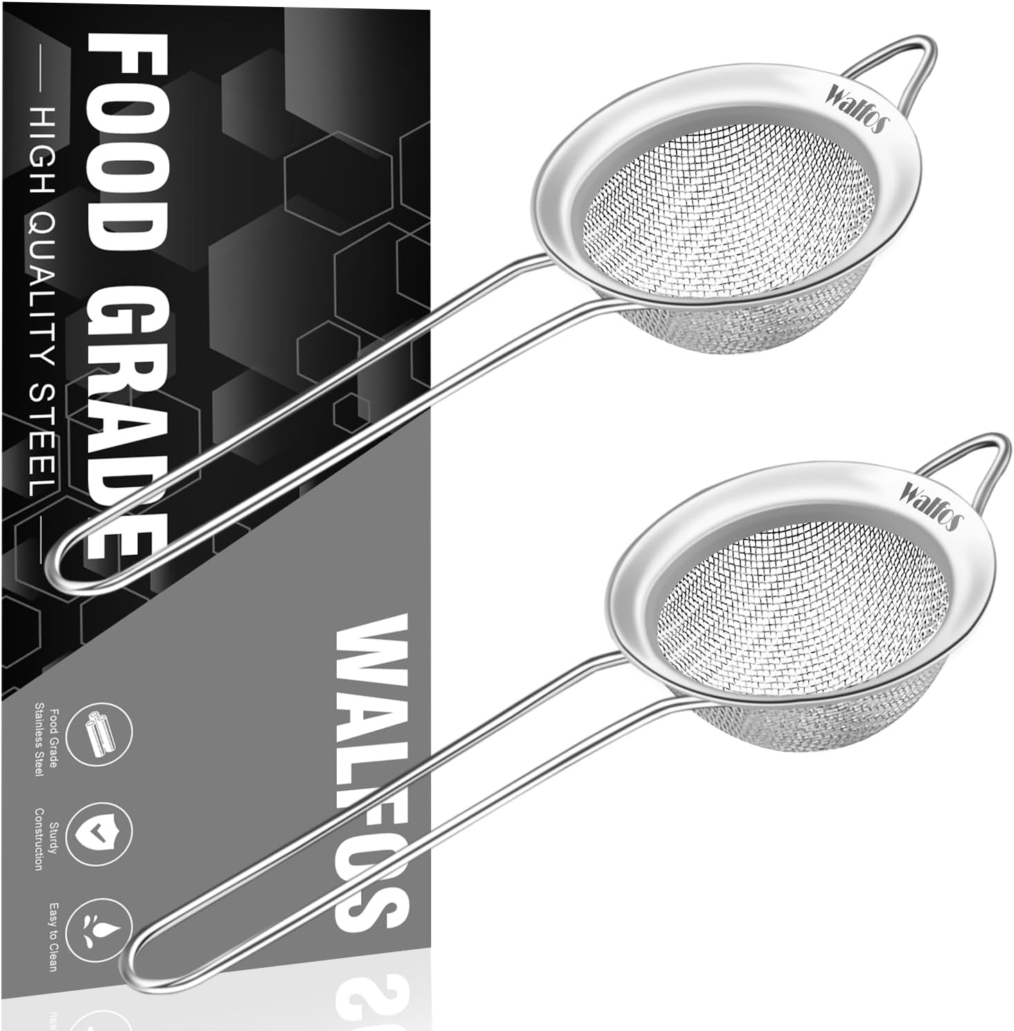 Walfos Mini Fine Mesh Strainer, 2 Pack Small Stainless Steel Sieves with Handles, Ideal for Steeping Loose Leaf Tea, Straining Cocktail, Juice and Sifting Flour, Powdered Sugar, Matcha Powder (2.8")