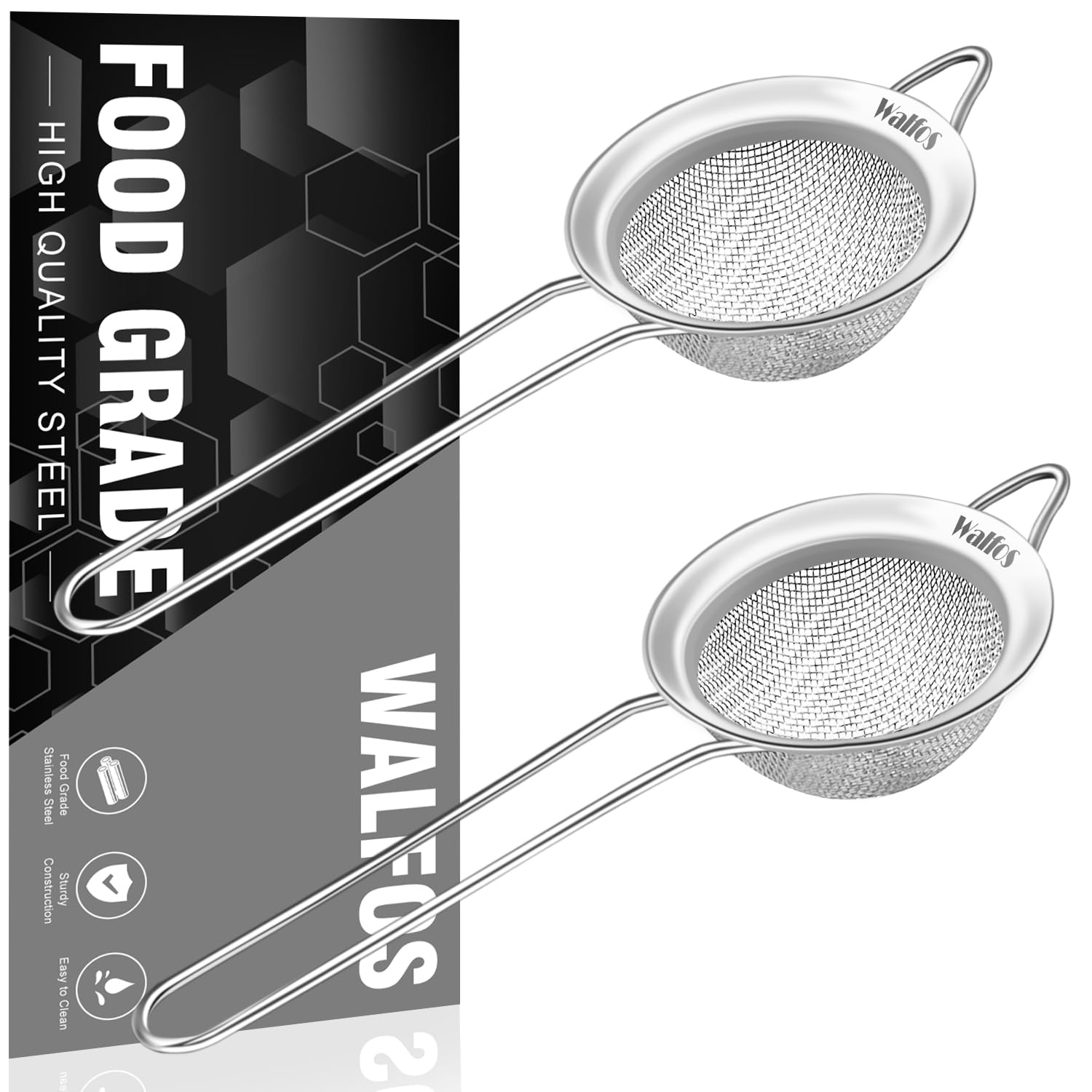 Walfos Small Fine Mesh Tea Strainer, Mini Stainless Steel Sieve with Handle, 2.7 Inch Kitchen Metal Sifter Strainers for Tea, Juicing, Coffee, Cocktail, Powdered Sugar, Matcha (2 Pack)
