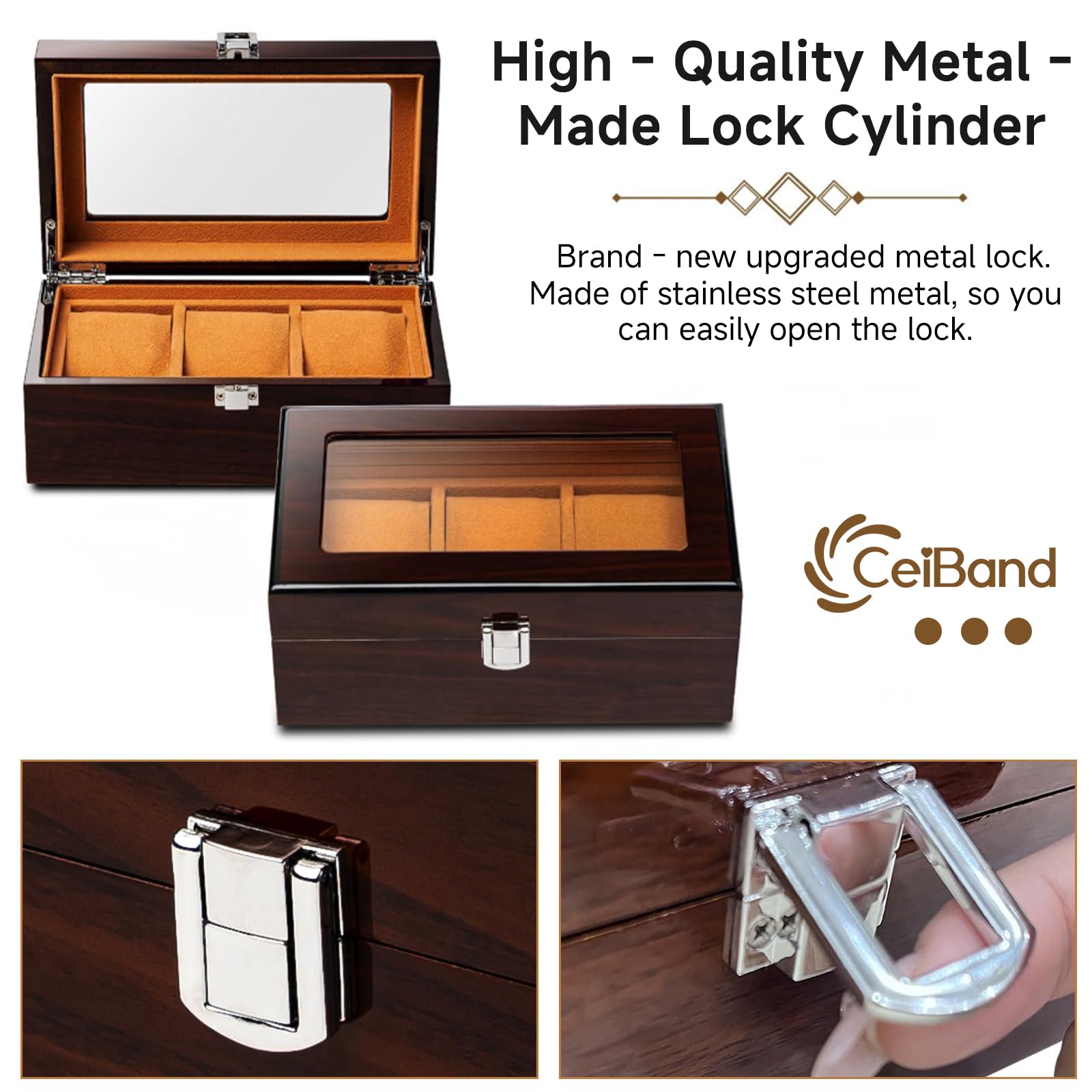 Caja de Relojes de Madera con 3 Compartimentos, Tapa de Cristal, Cierre Metálico, Almohadas Extraíbles, Marrón Rojo