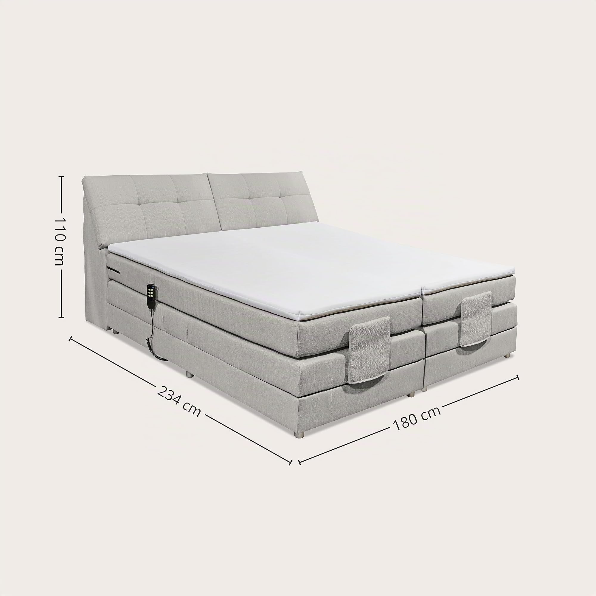 CARPINO Boxspringbett 180x200 elektrisch verstellbar, Silber - Bequemes Doppelbett mit dekorativer Steppung & Komfortschaum Topper - 180 x 110 x 234 cm (B/H/T)