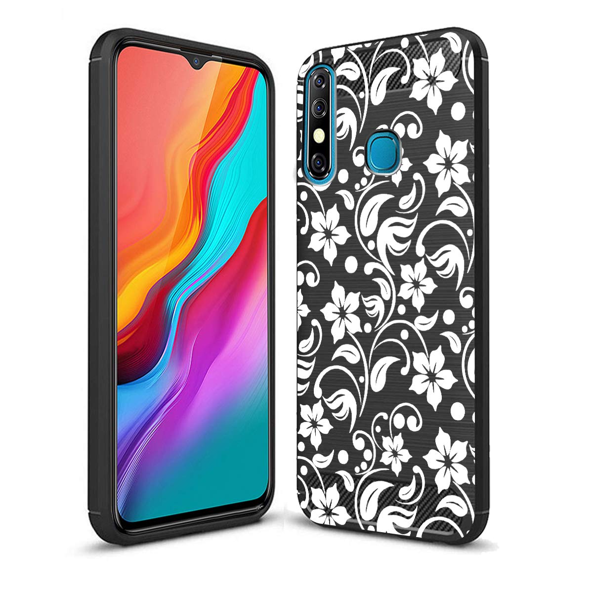 Fashionury White Curley Floral Pattern Stylish Designer Printed Slim Light Weight Back Case Cover for Infinix Hot 8 (Rubber)