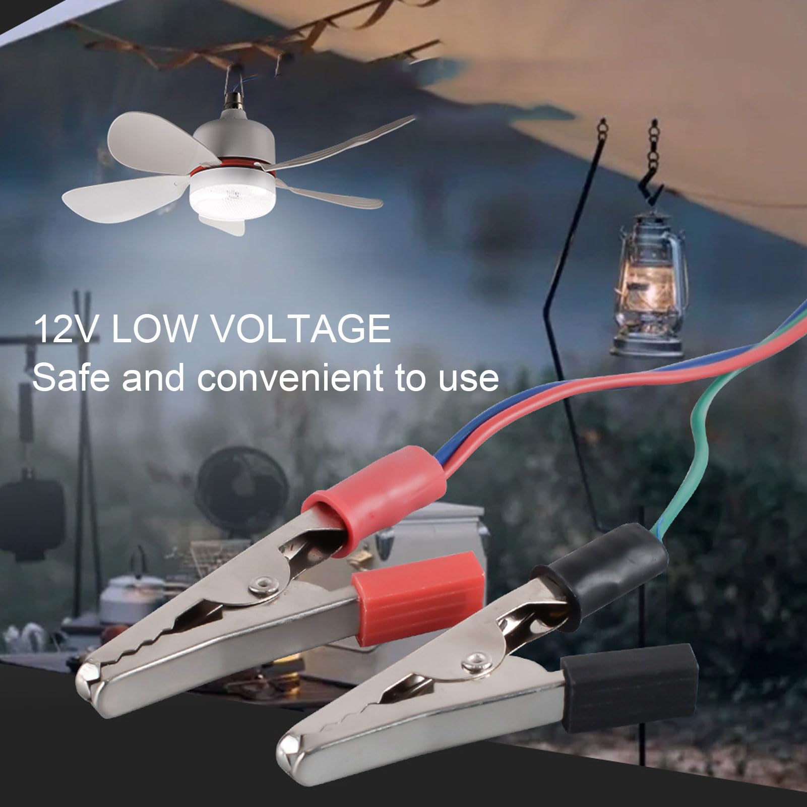 Tragbarer Deckenventilator, LED-Licht und abnehmbare Klingen, 16,5-Zoll-Lüfter, 12-V-DC für Camping, Outdoor und Reisen