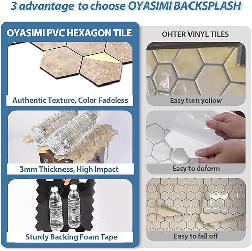 Miniatura 7 de OYASIMI Azulejos hexagonales de 20 hojas para despegar y pegar, 12 x 11.34 pulgadas, azulejos de pared de PVC 3D de metal mixto de pizarra rústica
