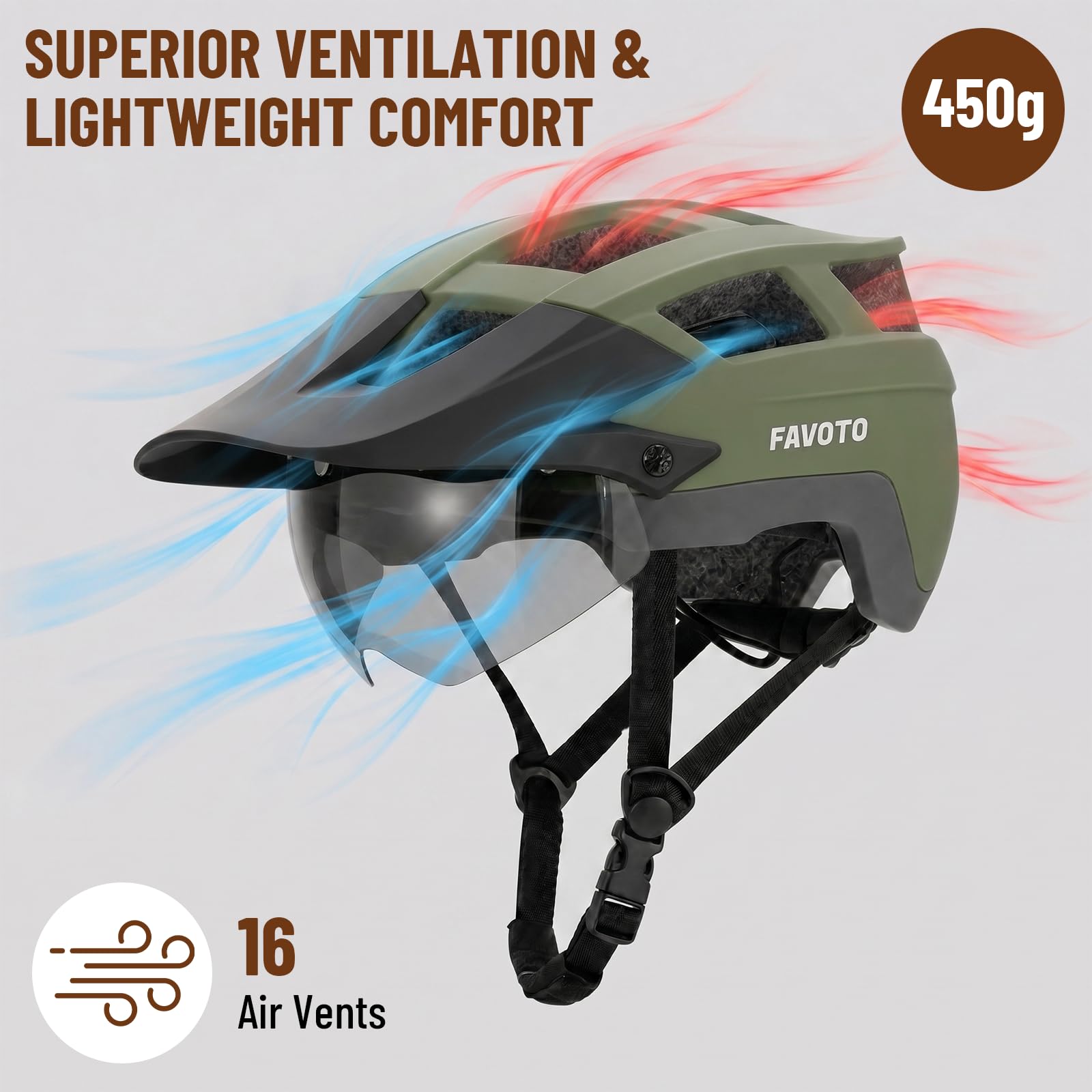 Favoto Casco de Bicicleta para Adultos para Ciclismo de Carretera y montaña, con luz Trasera LED Recargable USB, Gafas magnéticas y Visera Solar extraíble, Casco para Hombres y Mujeres