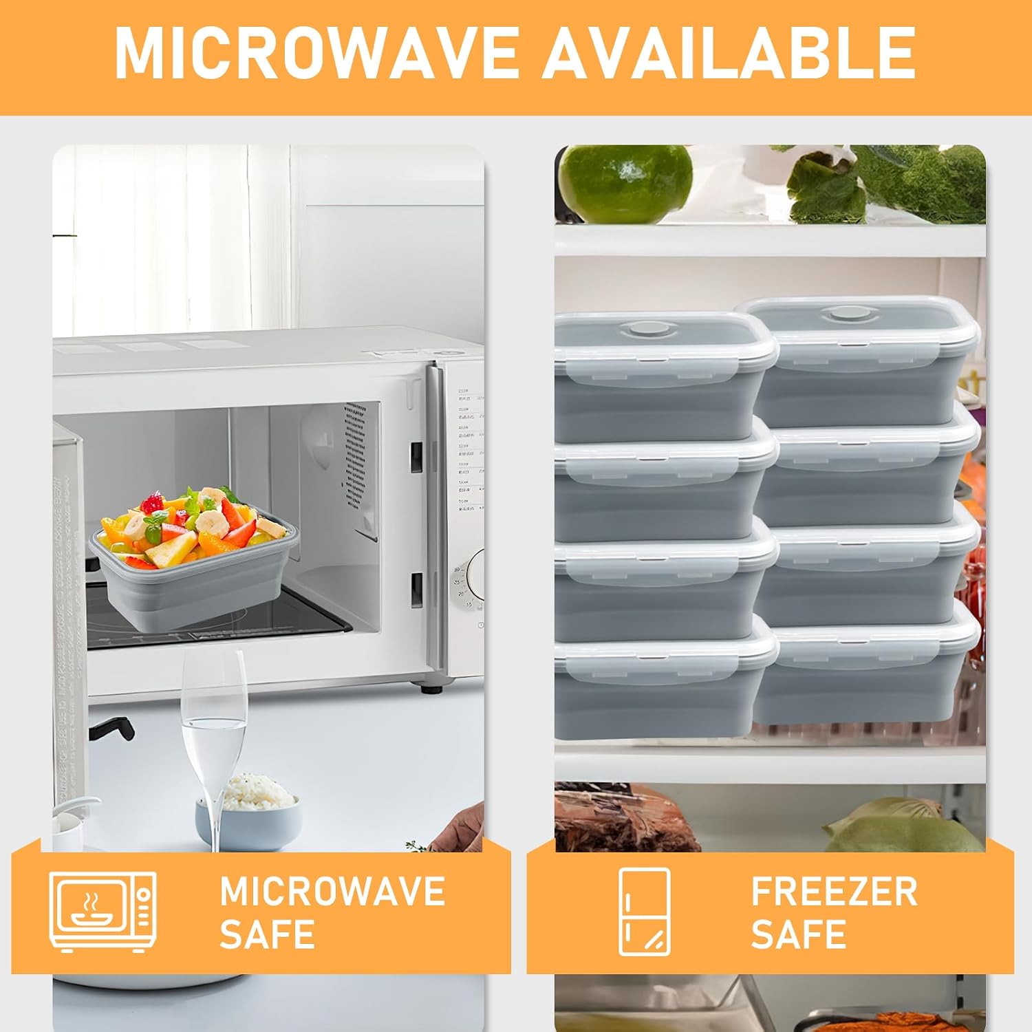 8 Pack 17 oz Collapsible Food Storage Containers, Silicone Lunch Boxes,Gray