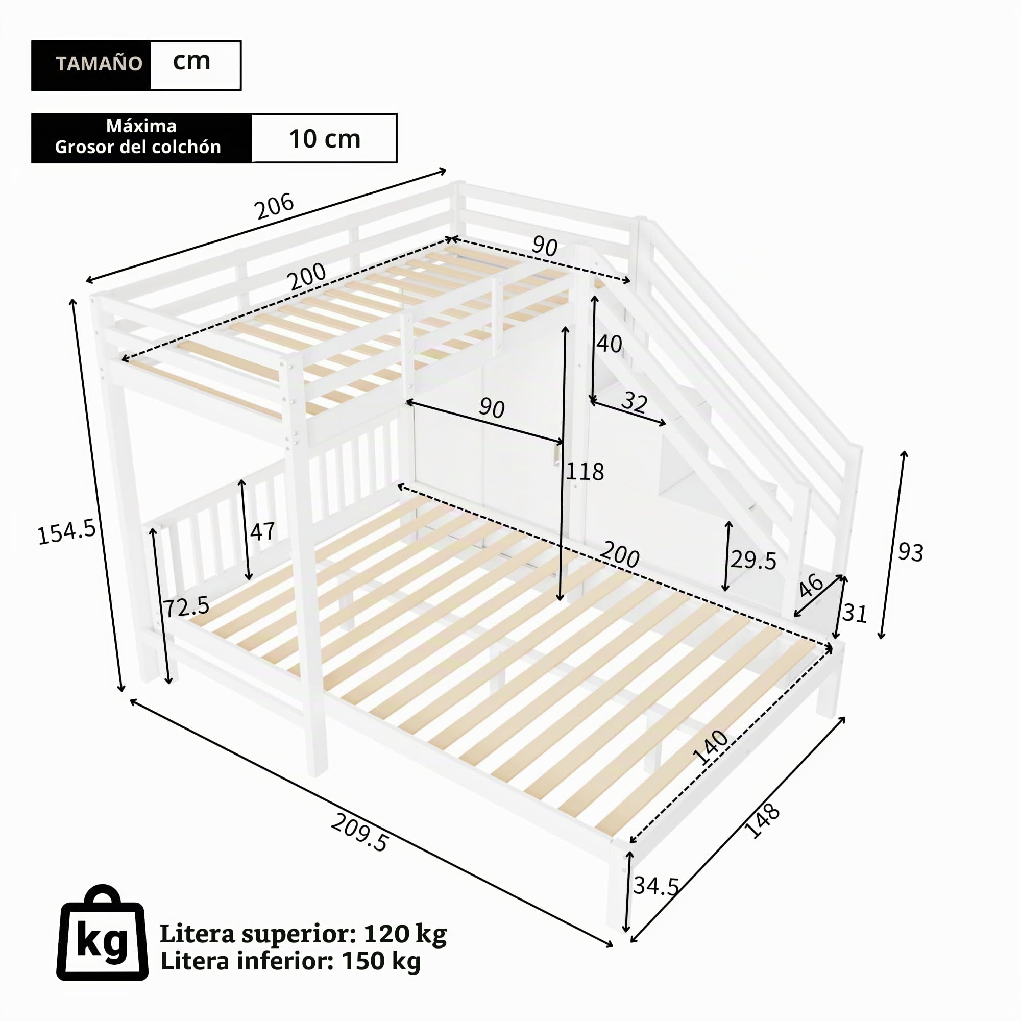 Litera con armario, litera infantil de 90 x 200 cm+140 x 200 cm, cama infantil multifuncional, con escalera de almacenamiento, gran espacio de almacenamiento, sin colchón, color blanco