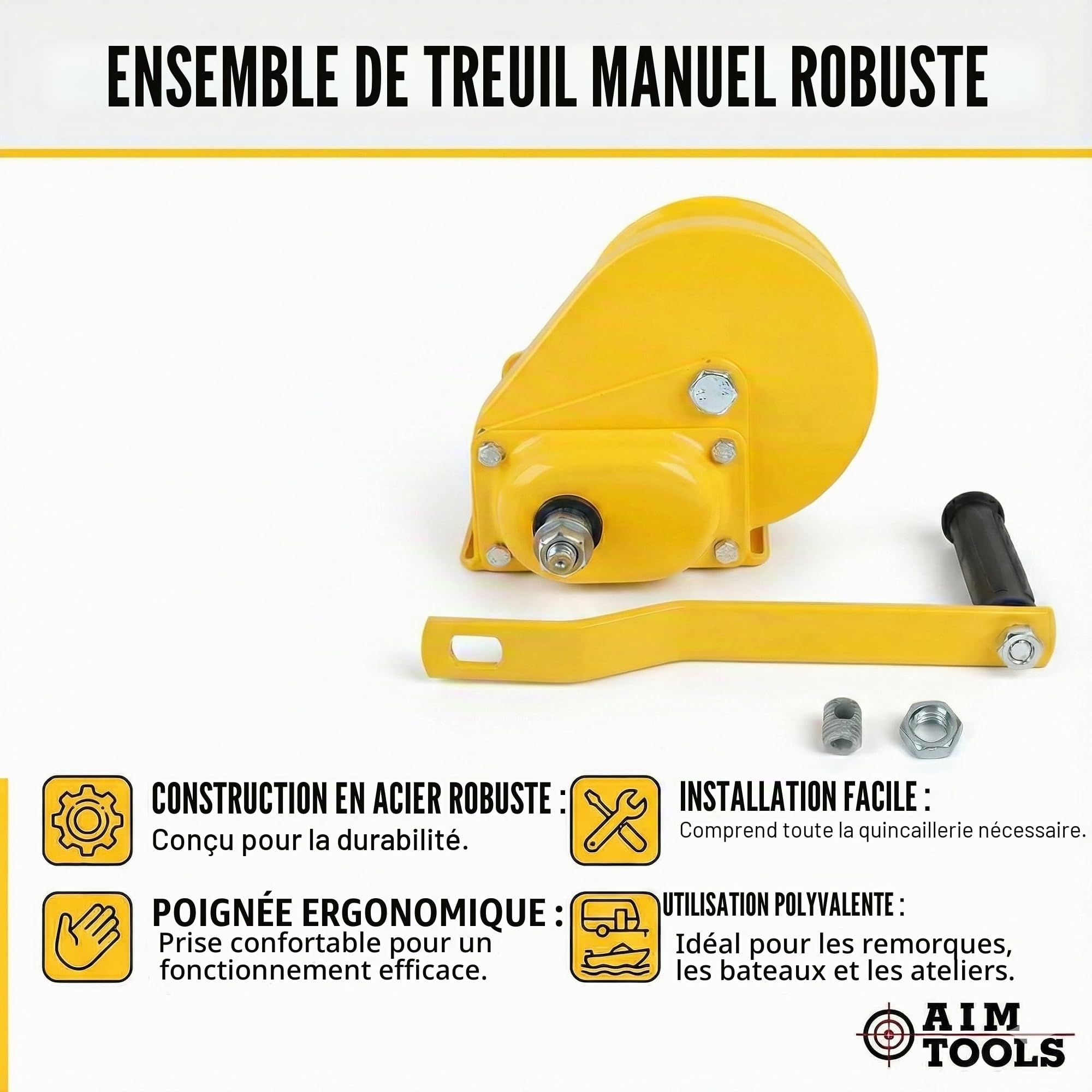 AIM Tools Treuil Manuel 2600 lbs 1180 kg Treuil à Manivelle à Cliquet Manuel avec Frein Automatique, pour Voiture Bateau Camion Traction et Levage 325638