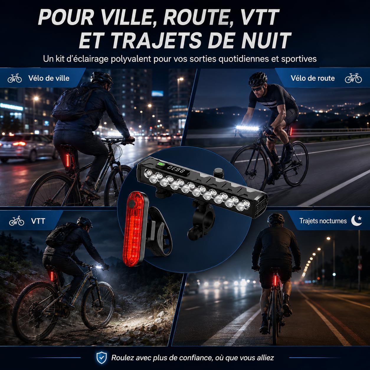 Lampe Vélo 17 LED USB-C avec Feu Arrière, Écran Digital, 4 Modes