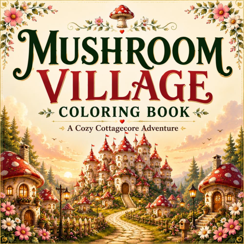 Mushroom Village Coloring Book: 50+ Cozy Cottagecore Scenes of Mushroom Houses, Village Shops, Woodland Friends and Whimsical Forest Life for Adults ... Friends & Magical Gardens Coloring Books)
