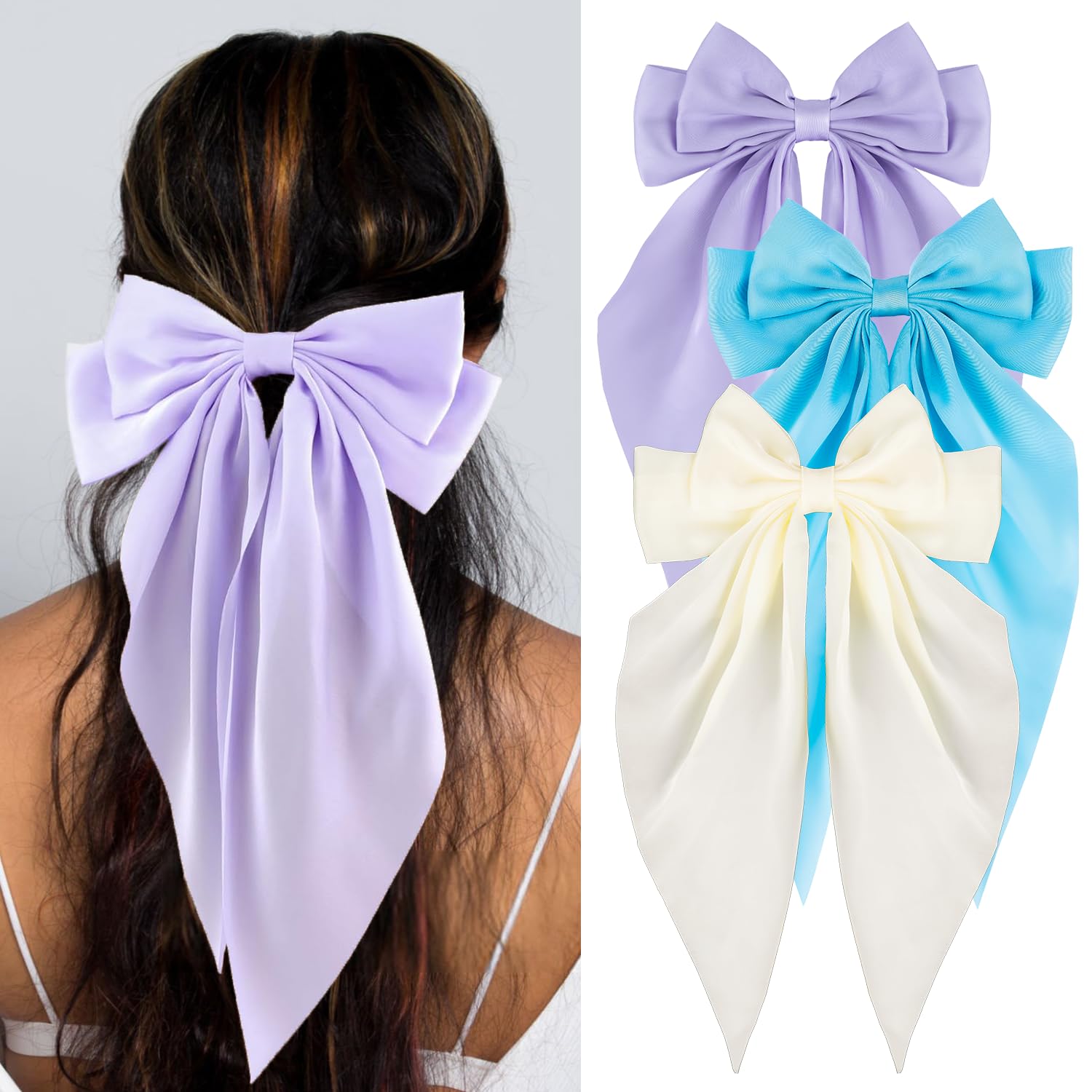 Loqpol 3 PCS Silky Satin Hair Bows, Oversized Long Tail Bows with Barrette Clips, Coquette Hair Accessories for Women and Girls (Blue - Lavender -