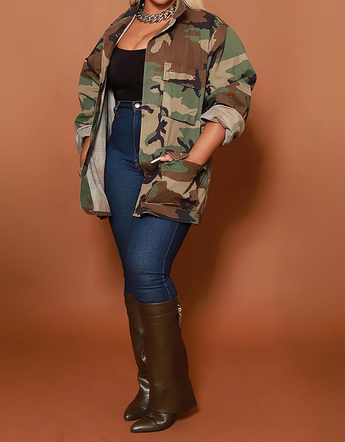 Vakkest Ripped Camo Jacket for Women Long Sleeve Casual Distressed Fray Fringe Hem Army Fatigue Trucker Outwear Coat - Image 2