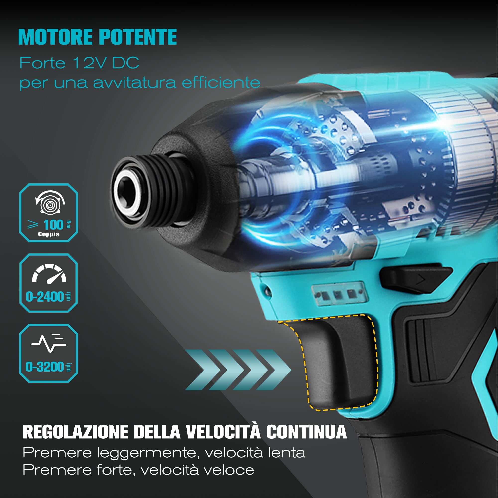 DURATECH Avvitatore a impulsi 12 V, 100 Nm, 0–2400 giri/min, 1/4″, 11 bit, 3 bussole, LED, velocità variabile, batteria 2000 mAh, caricabatterie e borsa inclusi