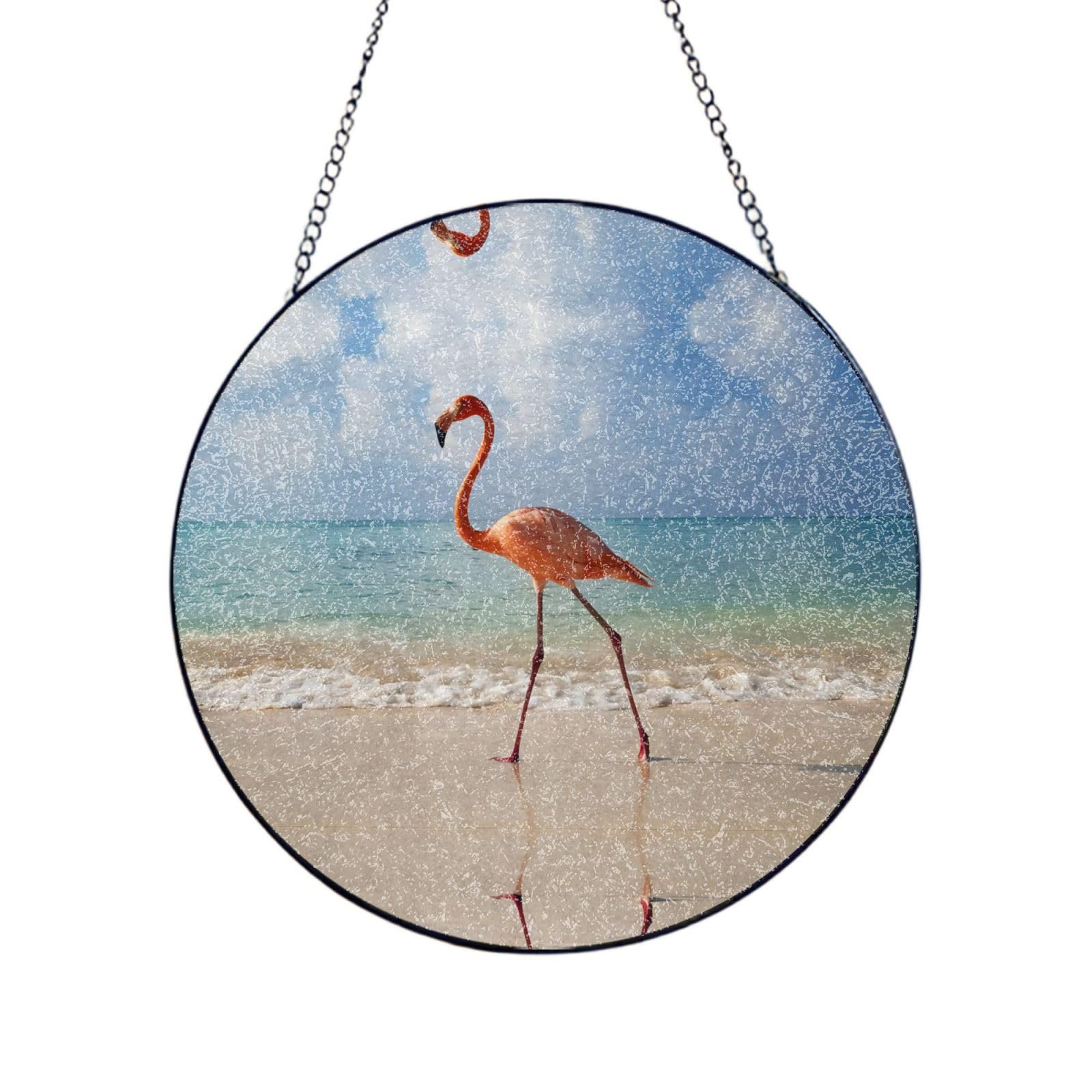 Phayah Beautiful Flamingo Print Glass Window Hanging Round Suncatcher Glass Ornament Garden Wall Fence Decorations Indoor Outdoor 12in（30cm）