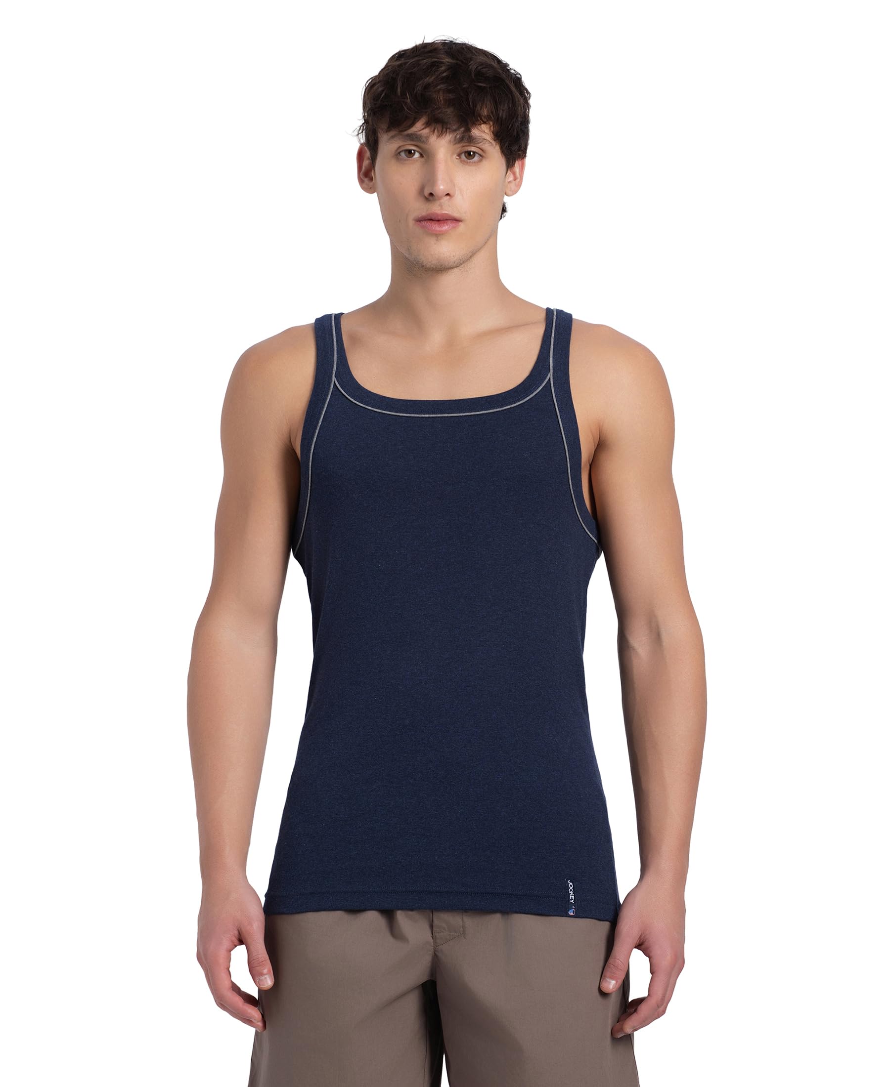 US54 Men's Super Combed Cotton Rib Square Neckline Slim Fit Gym Vest with Back Panel Graphic Print (Shoulder Starp Color May Vary)