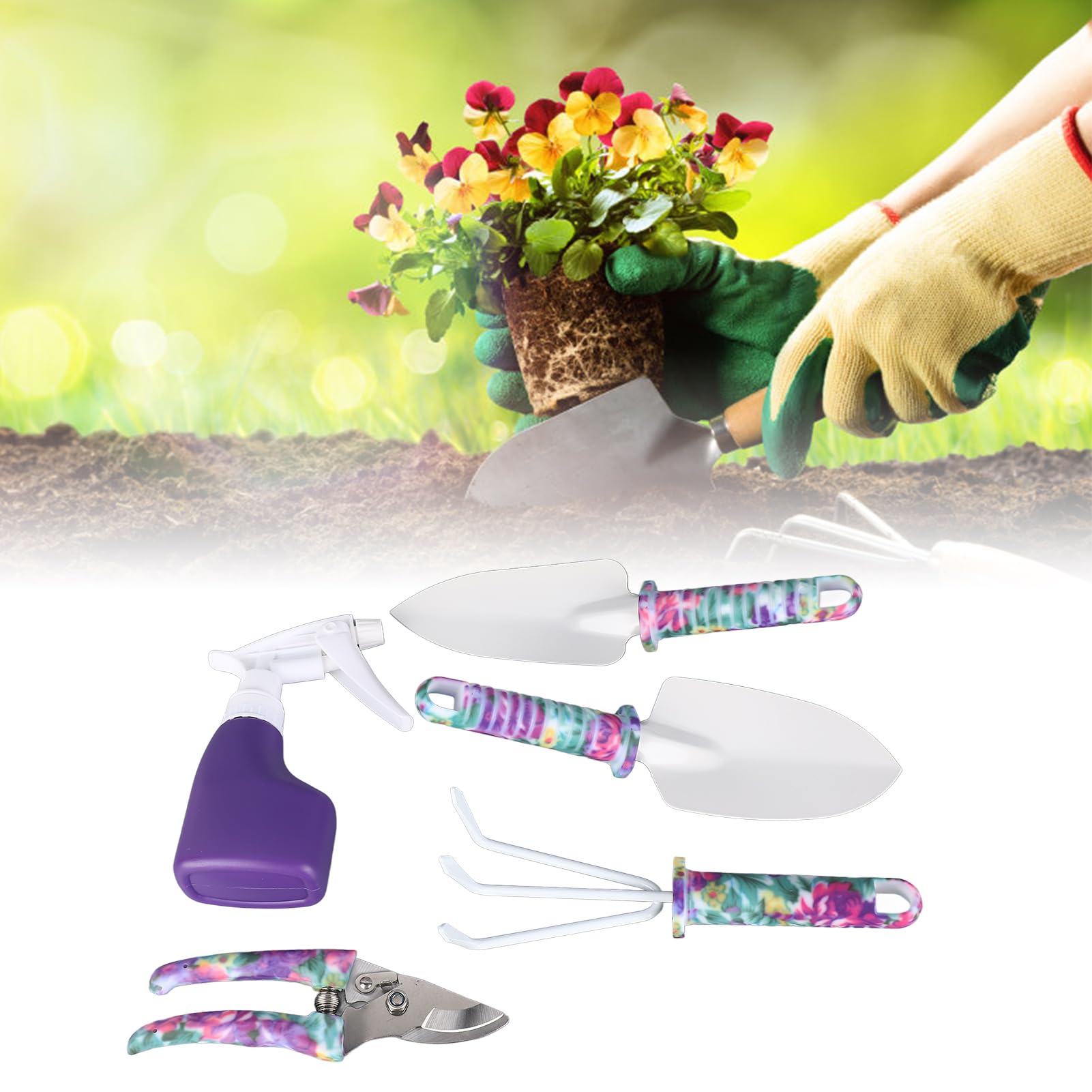 Ensemble D'outils De Jardin 5 Pièces avec étui De Transport, Kit De Jardinage Comprenant Un Cultivateur, des Pelles à Râteau, des Ciseaux à Branches Et Une Bombe Aérosol