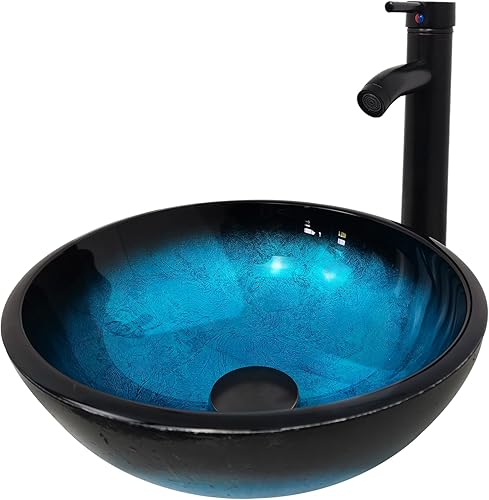 Miniatura 2 de Fregadero de baño de 12 pulgadas, lavabo de vidrio templado, cuenco redondo con grifo combinado, azul