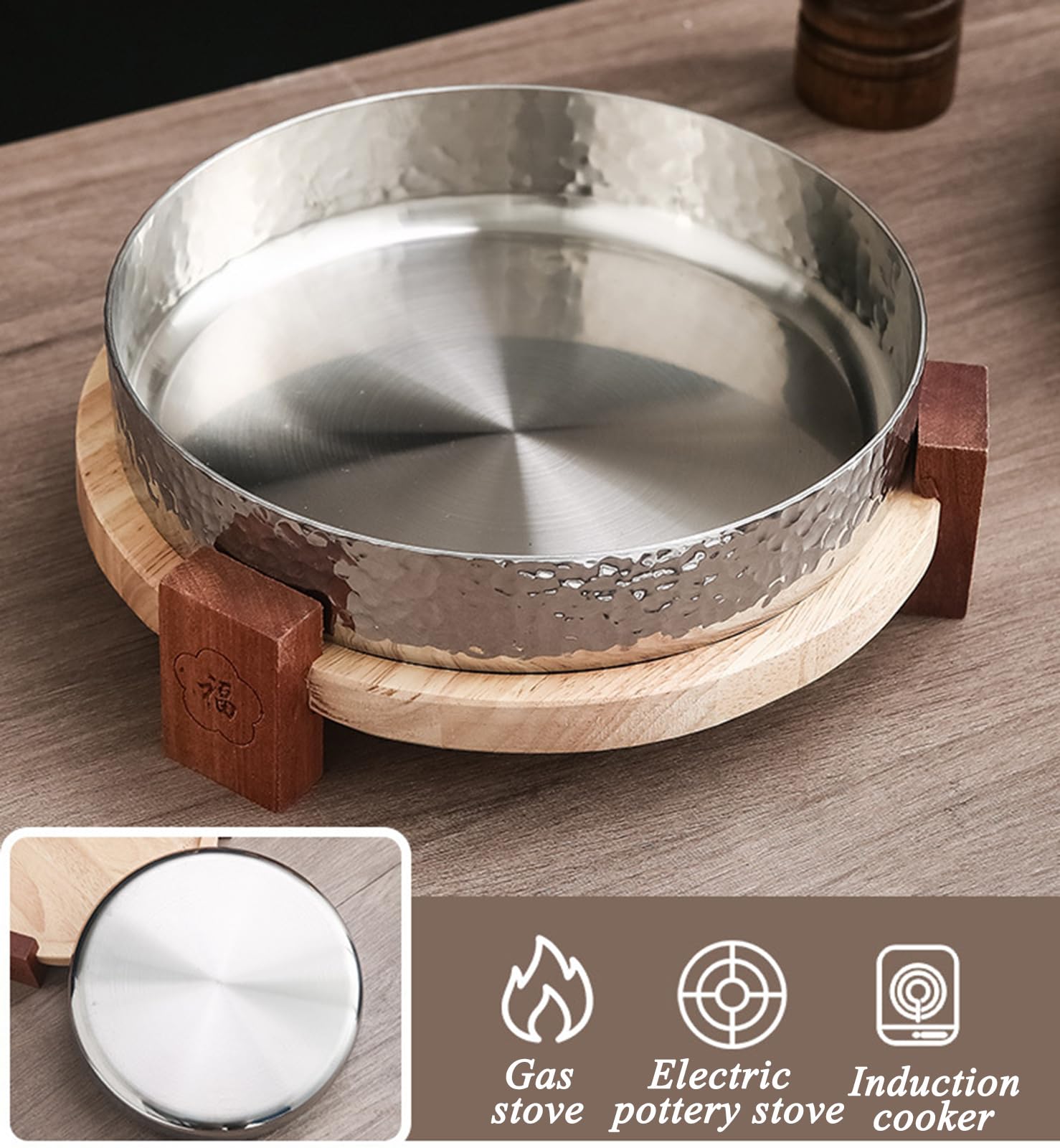 SVRITE - Platos redondos de acero inoxidable 304 con base de madera, 18/20/22/26 cm, platos de metal para ensalada de carne para servir platos de sushi, sartenes para cocina comercial en el hogar (20