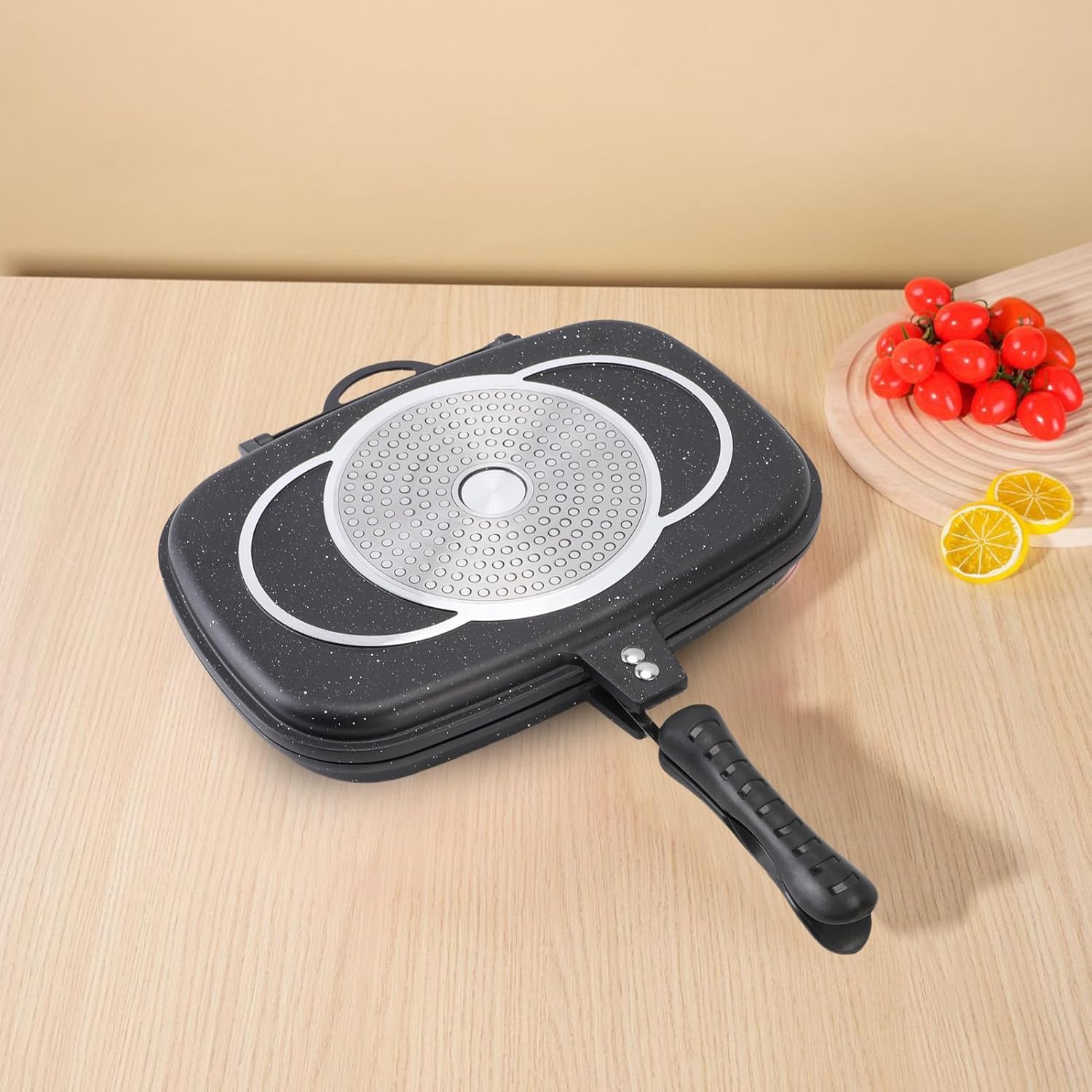 Double Sided Frying Pan Non Stick Grill Griddle Pan for Gas Stove with Pressure Technology Flat Bottom Design for Home Kitchen Indoor Outdoor Cooking (Black)