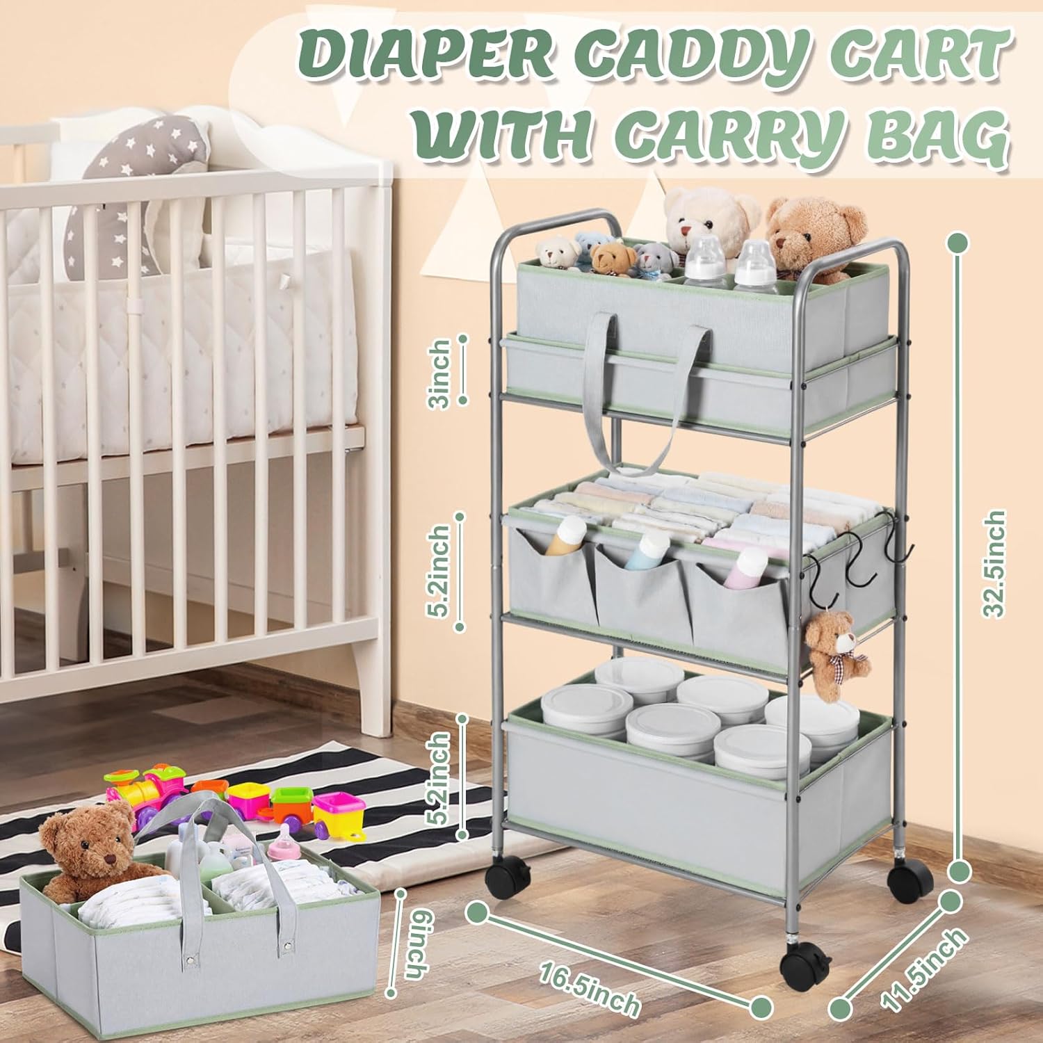 2in1 Colorful Baby Diaper Caddy Organizer Cart 3 Tier Large Capacity Metal Utility Bedside Rolling Cart with Divider for Newborn Nursery Essential Must Have Crib Bedroom Baby Shower(Green)