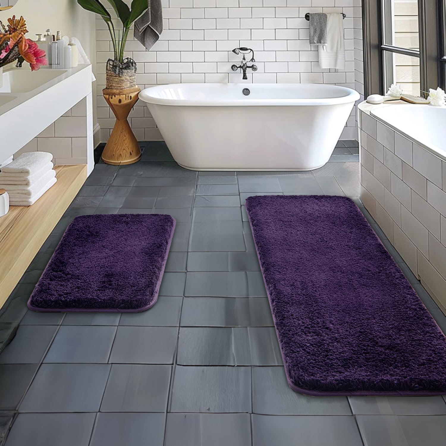 MIULEE Dark Purple Bathroom Rugs Set 2 Piece, Soft Absorbent Microfiber Bath Mat Set, Non Slip Quick Dry Machine Washable Plush Shaggy Bath Rugs for