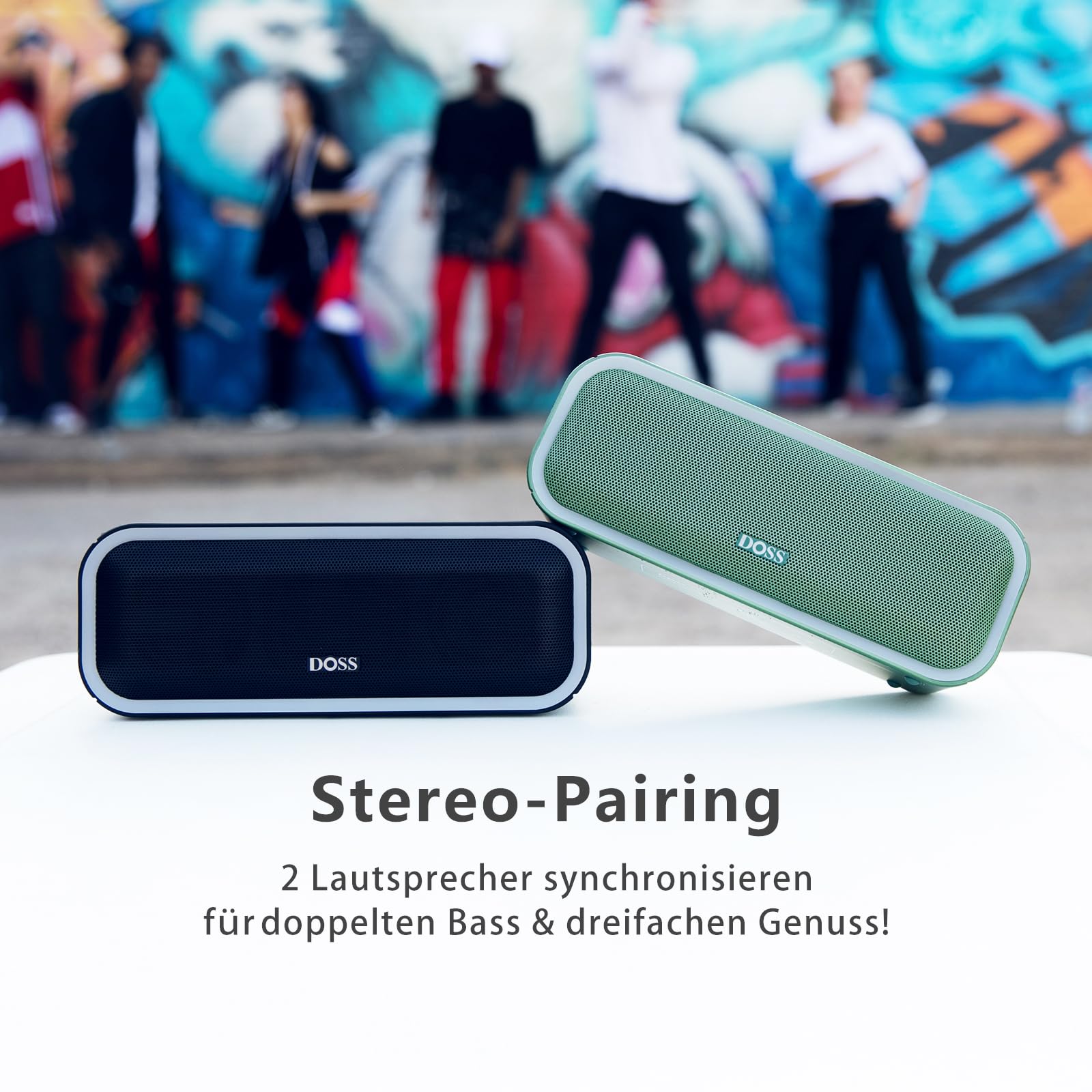 DOSS Bluetooth-Lautsprecher, DOSS SoundBox Pro kabelloser Bluetooth-Lautsprecher mit beeindruckendem 24-W-Sound, dröhnendem Bass, 15 Stunden Spielzeit, kabelloser Stereo-Kopplung, gemischten Farblicht