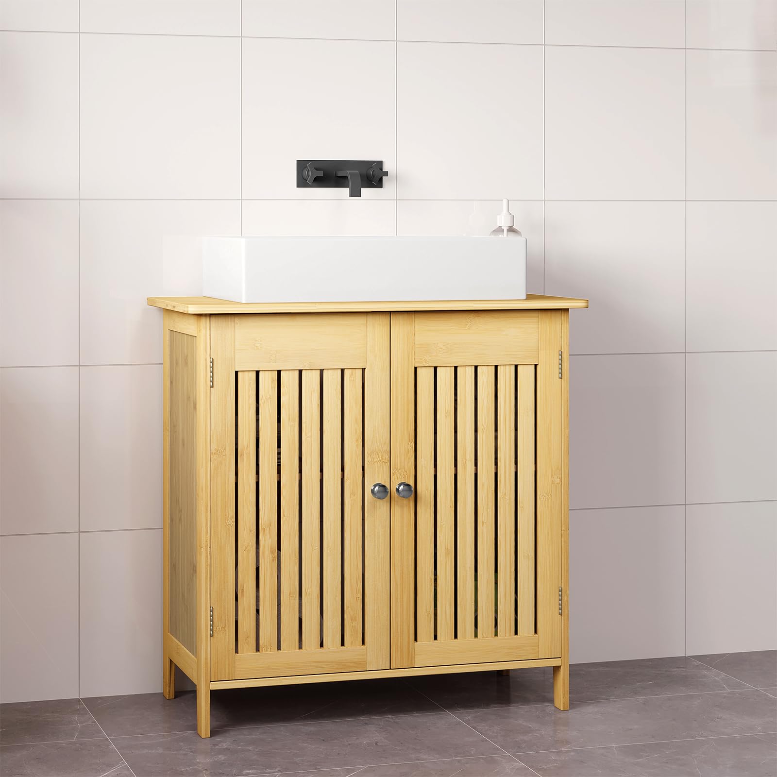 EUGAD Waschbeckenunterschrank aus Bambus, Badezimmerschrank mit 2 Türen, Badezimmer Unterschrank Waschbecken, Waschtischunterschrank, Verstellbarer Einlegeboden, viel Stauraum, 60x60x30 cm