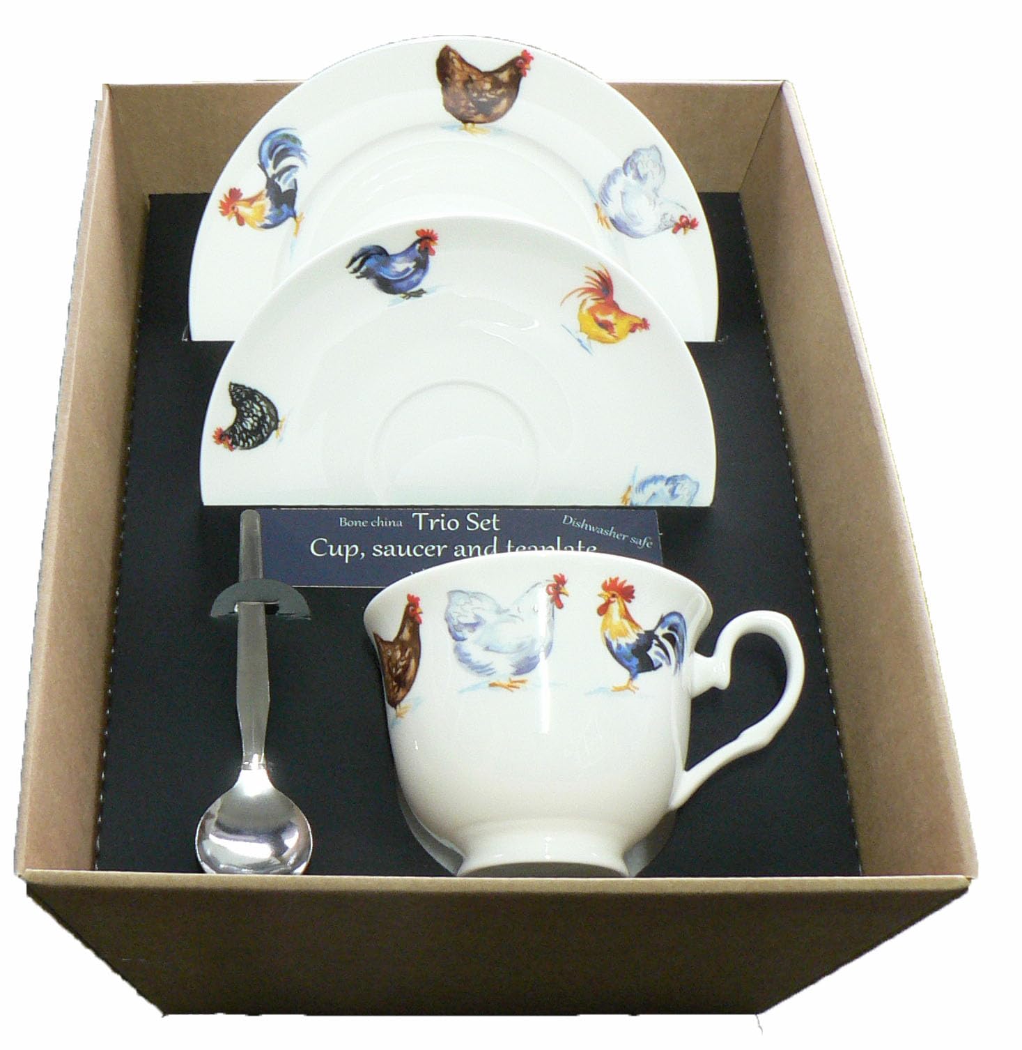 crackinchina Chicken trio set. cup & saucer with teaspoon and matching tea plate gift boxed