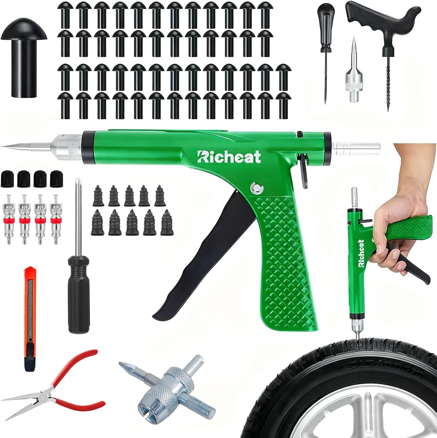 Richcat チューブレスタイヤパンク修理キット マッシュルームプラグ付き オートバイ、車、トラック、ATV、ガンパンク修理キット