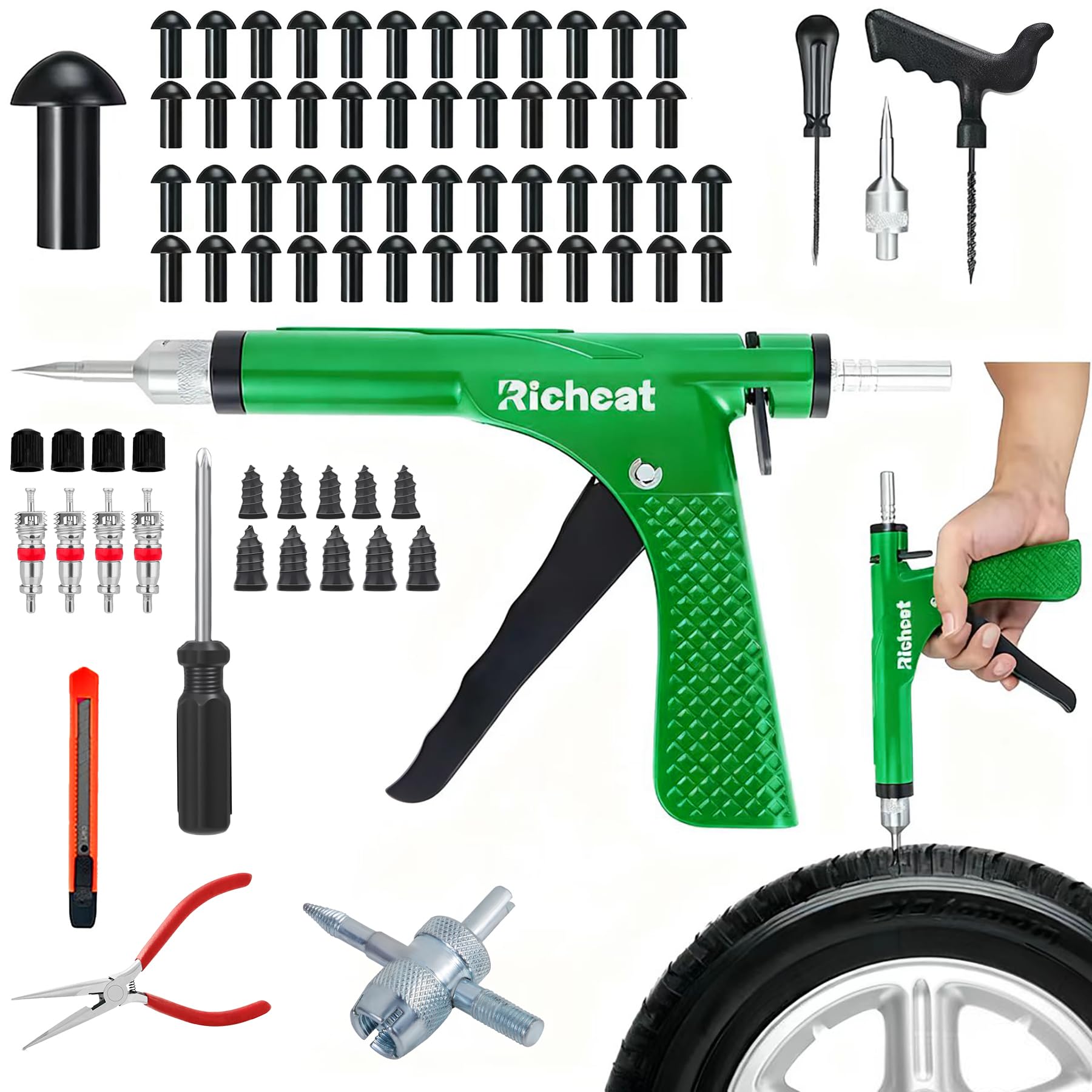 Richcat Tubeless Tire Puncture Repair Kit with Mushroom Plug, Repairs punctures and Flat Tires for Motorcycles, Cars, Trucks, ATVs,Gun Puncture Repair Kit