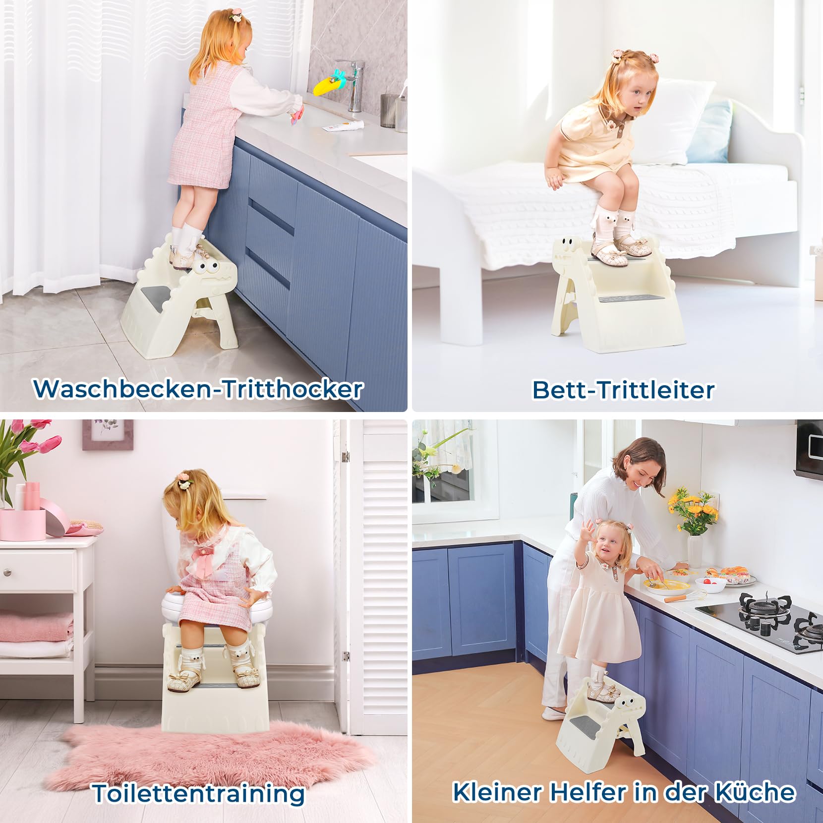 Tritthocker Kinder, Hocker Kinder Klappbar Tritthocker 2 Stufen, Rutschfester Hocker Kinder Bad Anti-Kipp Trittschemel für Baby Kinderhocker für Badezimmer und Küche (Cremefarben)