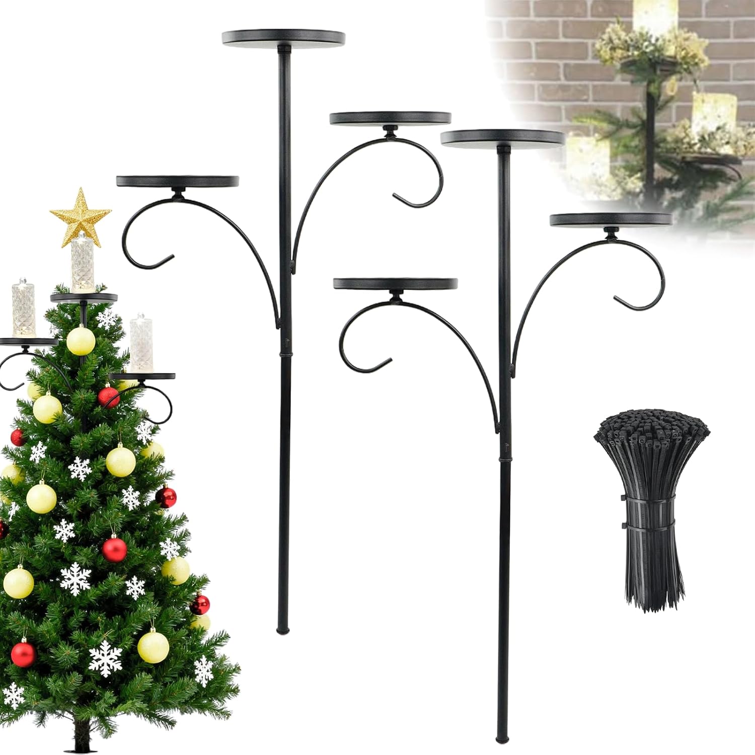 Triple Tree Topper Shelf for Christmas Tree, 24/36In Metal Triple Trees Topper Stand, Black Candle Holder with LED Crystal Candle, Unique Topper Shelf for Christmas Indoor Outdoor Decor (24”*2)