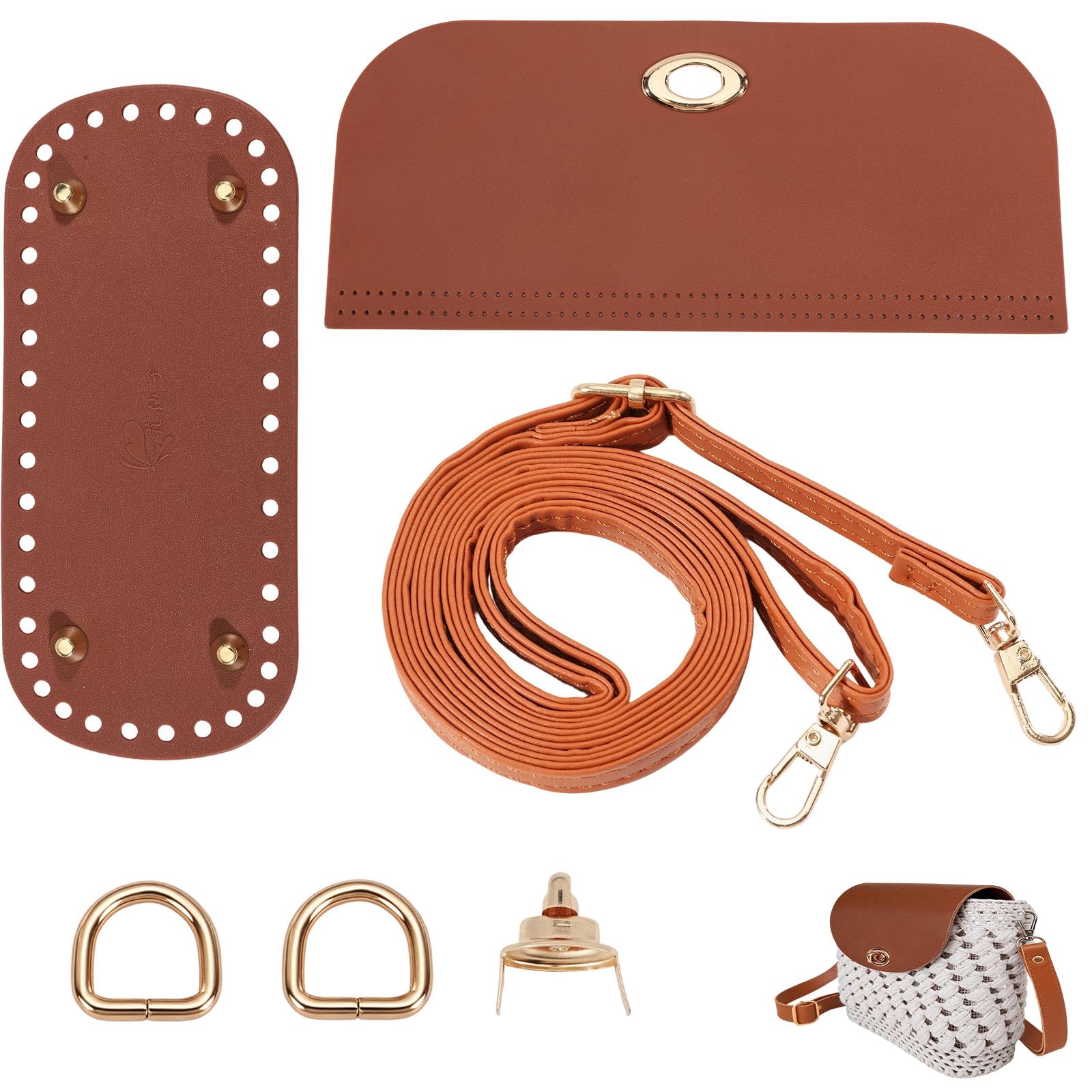 beinkmake 3 Pcs PU Leather Purse Crochet Set, Coffee Oval Bag Bottom with Flap Cover and Adjustable Shoulder Strap, DIY Bag Accessories for Handbag, Purse and Crossbody Bag Making