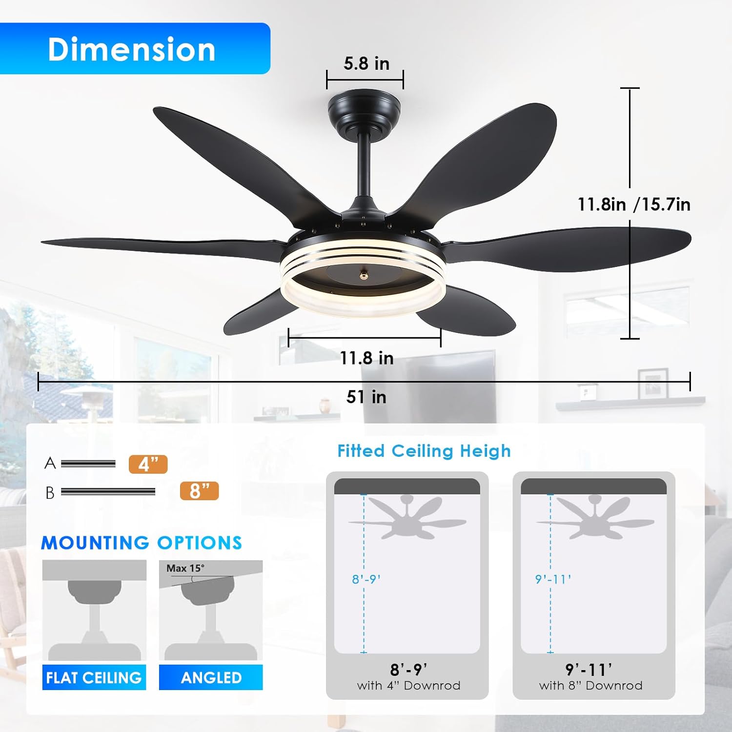 BayDay Ceiling Fans with Lights, Black Ceiling Fan with Light and Remote 3CCT Dimmable Light, 6 Blades, Reversible 6 Speeds Flush Mount Slope Ceiling Fan Modern Bedroom Living Room Indoor 51 inch - Image 8