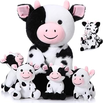 Chalyna 5 Pcs Cow Plush Animals Set 13.78 Inch Mommy Cow Stuffed Animal with 4 Baby Cute Calf in Her Tummy Mommy and Small Plush for Baby Shower Boys GirlsCute