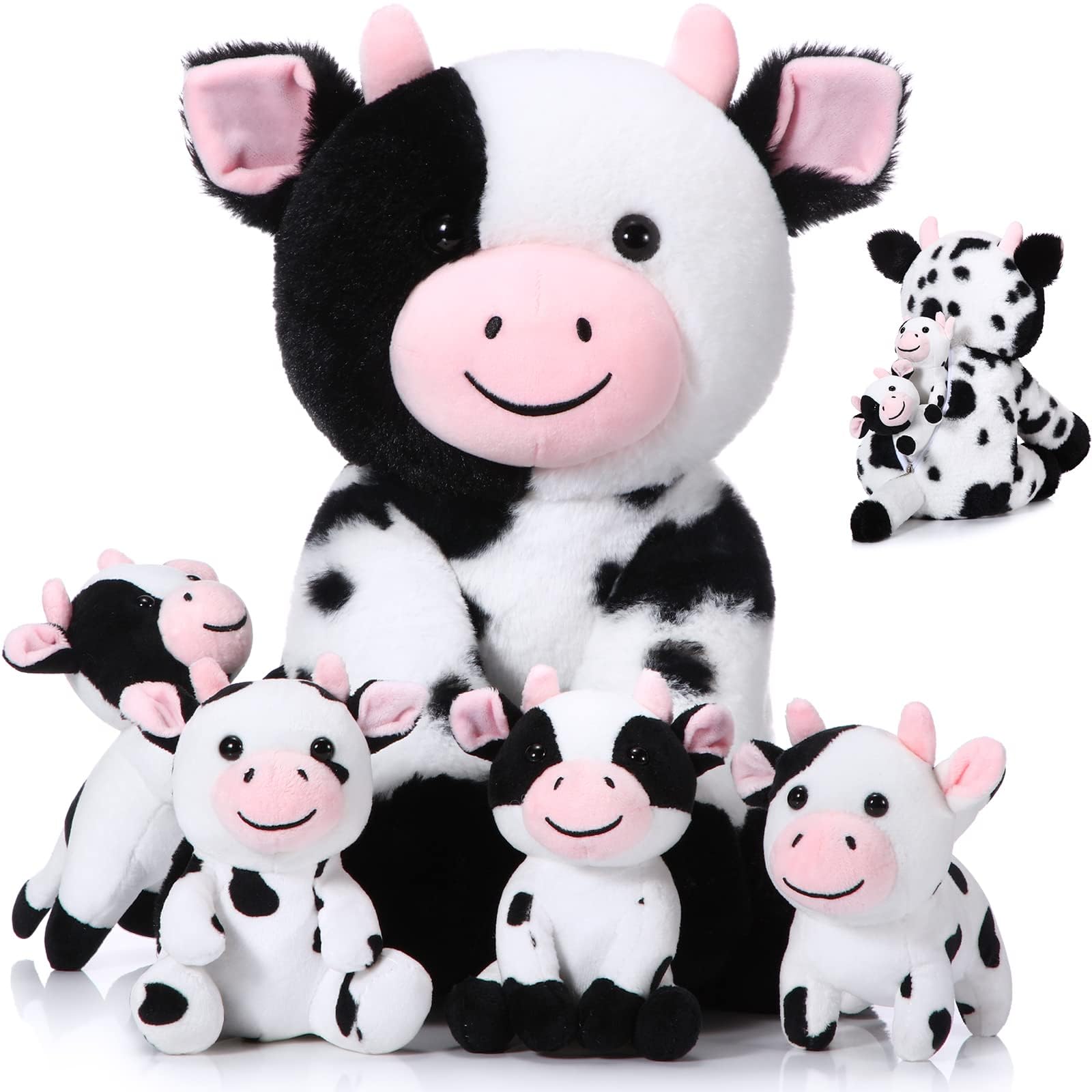 Chalyna 5 Pcs Cow Plush Animals Set 13.78 Inch Mommy Cow Stuffed Animal with 4 Baby Cute Calf in Her Tummy Mommy and Small Plush for Baby Shower Boys Girls(Cute)