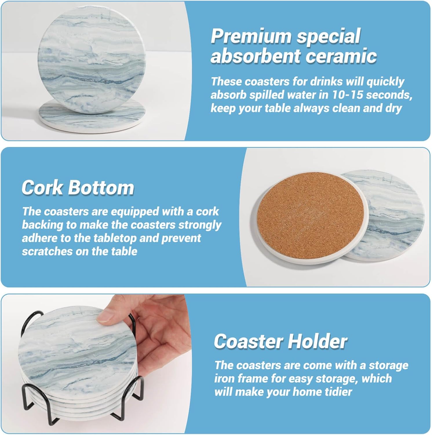 Acejoz Drink Coasters with Holder for Coffee Table, Absorbent Coasters Set of 6, Marble Style Ceramic Coaster for Wooden Table, Suitable for Kinds of Cups, Home Decor, 4 Inches(Blue) - Image 5