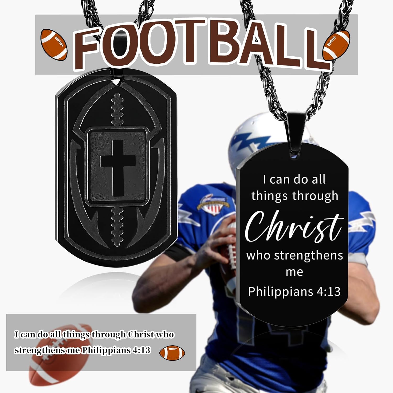 Easter Basket Stuffers - Football Bible Verse Cross Necklace for Men Stainless Steel Religious Gift Football First Communion Baptism Religious Sports Birthday Christmas Gifts Jewelry for Kids Boys Men Teens Boyfriend Husband - Image 4