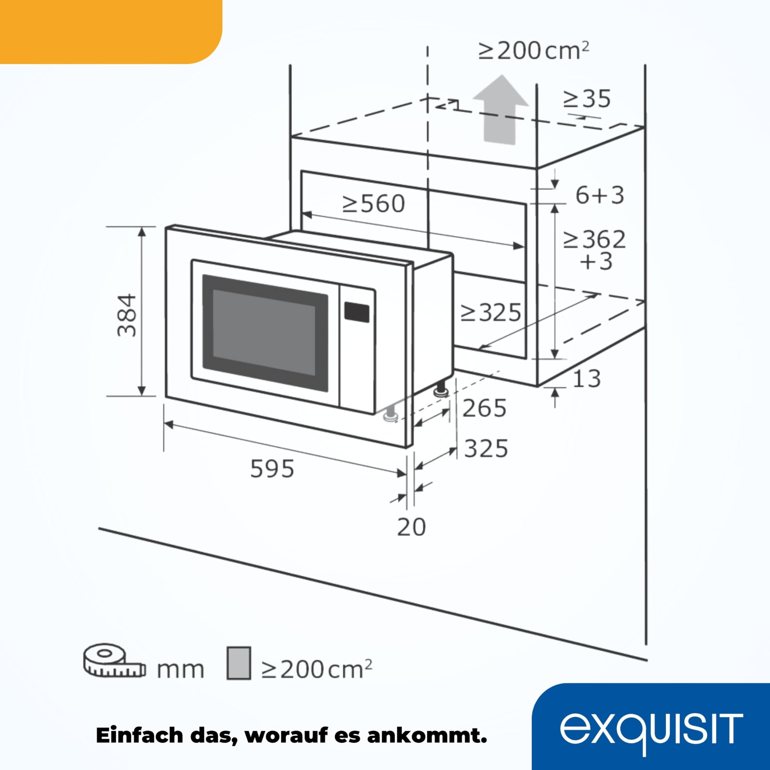 Exquisit Einbaumikrowelle 60 cm - 800 W, 20 L, Edelstahl | Einbaugerät mit 5 Leistungsstufen, 27 cm Drehteller, Auftaufunktion & 35-Min.-Timer – einfache Bedienung