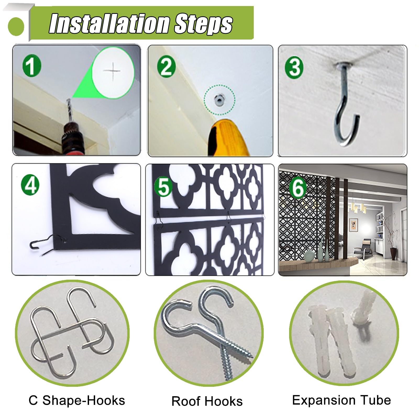 Pannelli divisori da soffitto da appendere, 12 pezzi, 24 pezzi, divisorio per soggiorno, ufficio, camera da letto, pareti temporanee, decorazione per interni, legno bianco, plastica, bianco/stile a-2