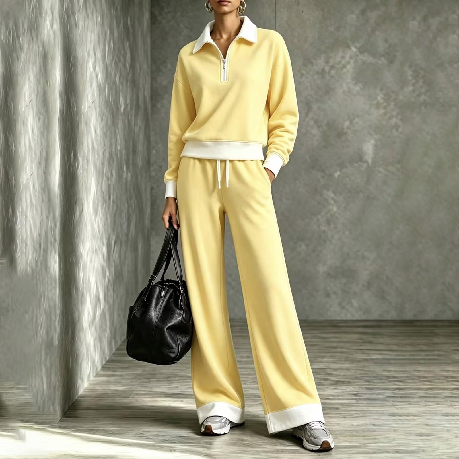 Tuta da jogging da donna in due pezzi, con gamba larga, set sportivo