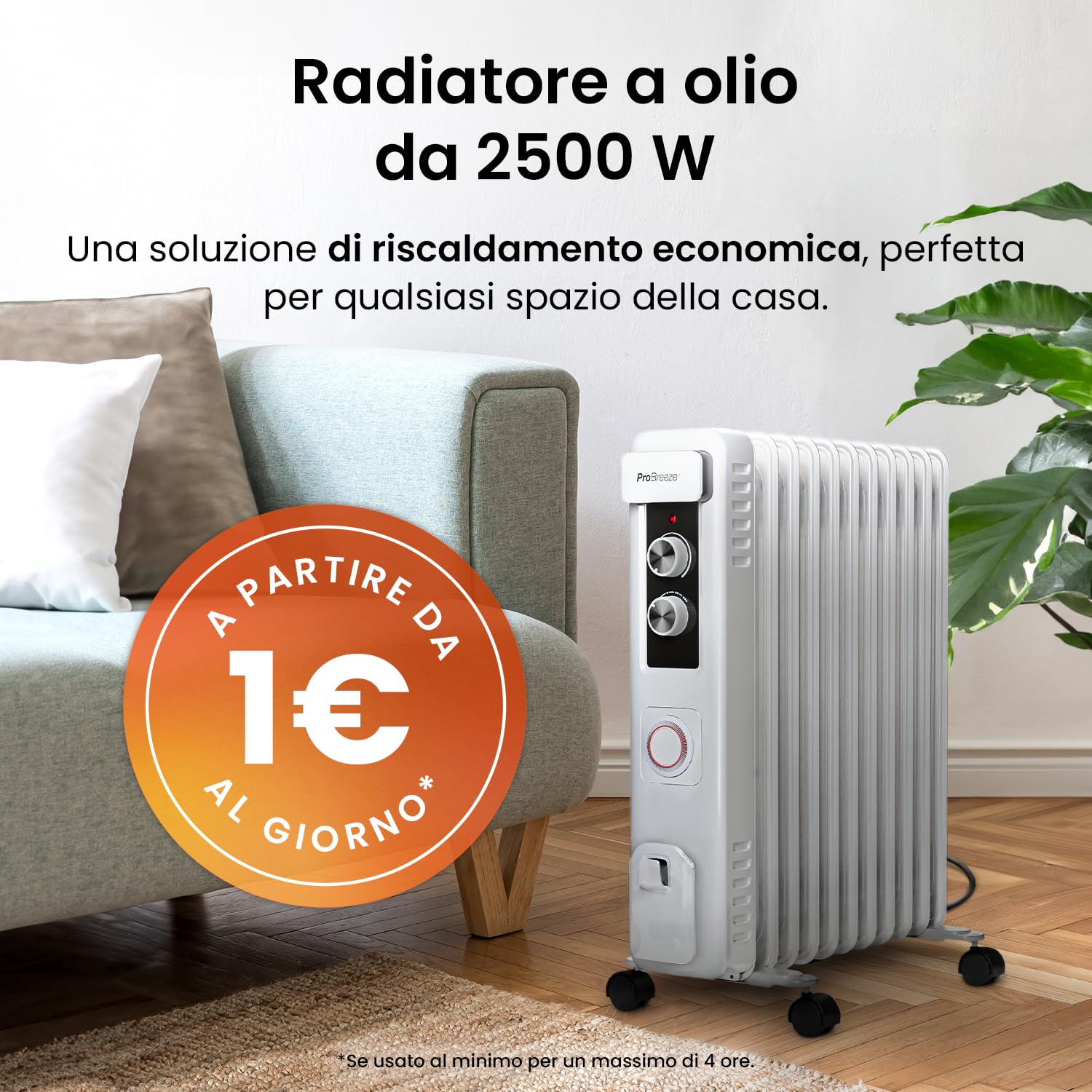Pro Breeze Radiatore elettrico portatile 2500W con bocchettone di riempimento dell'olio, timer incorporato, 3 livelli di calore, termostato con circolazione avanzata.