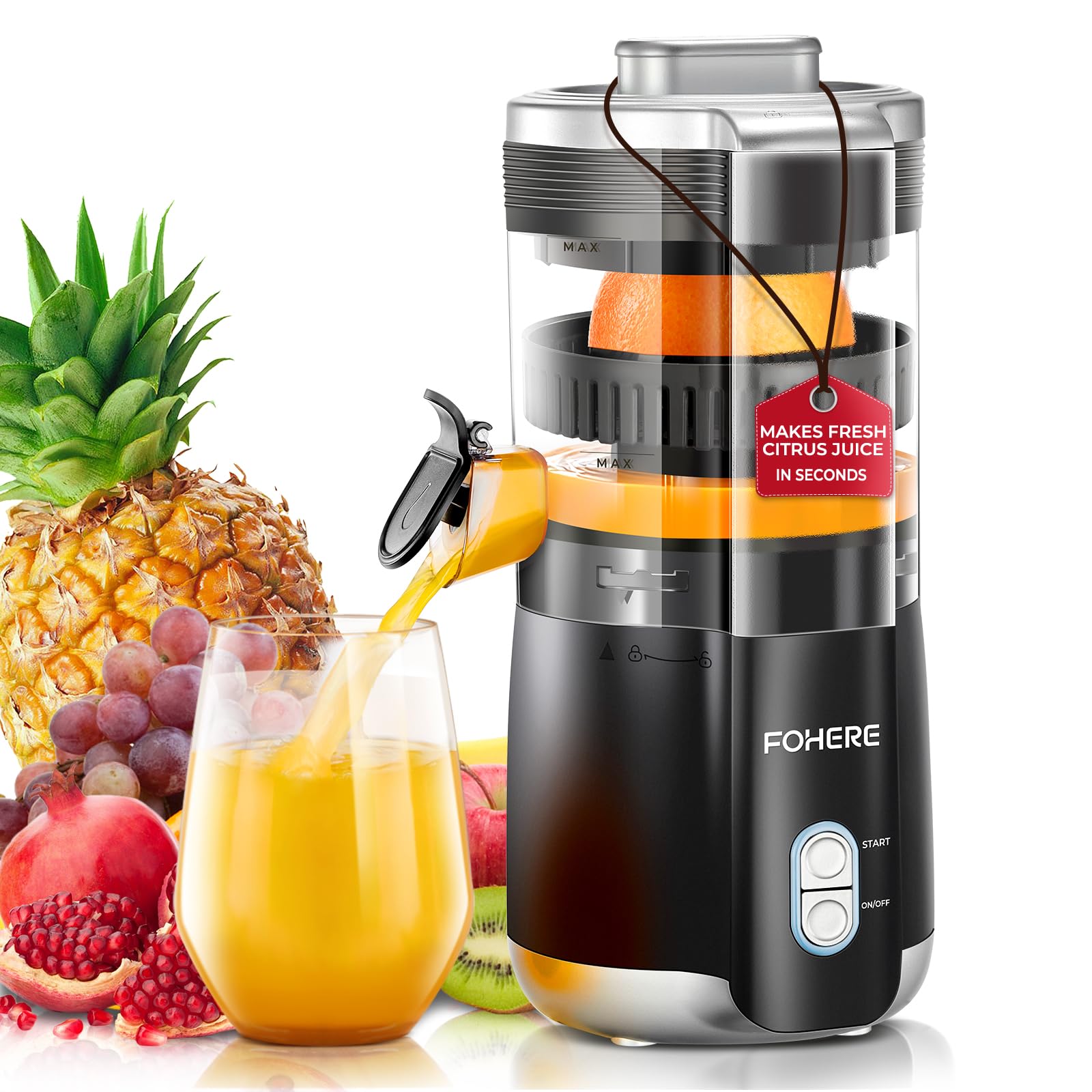 FOHERE Citrus Juicer Electric Hand-Free Orange Juicer Machine with 2 Interchangeable Cones Automatic Juice Squeezer for Orange Lemon