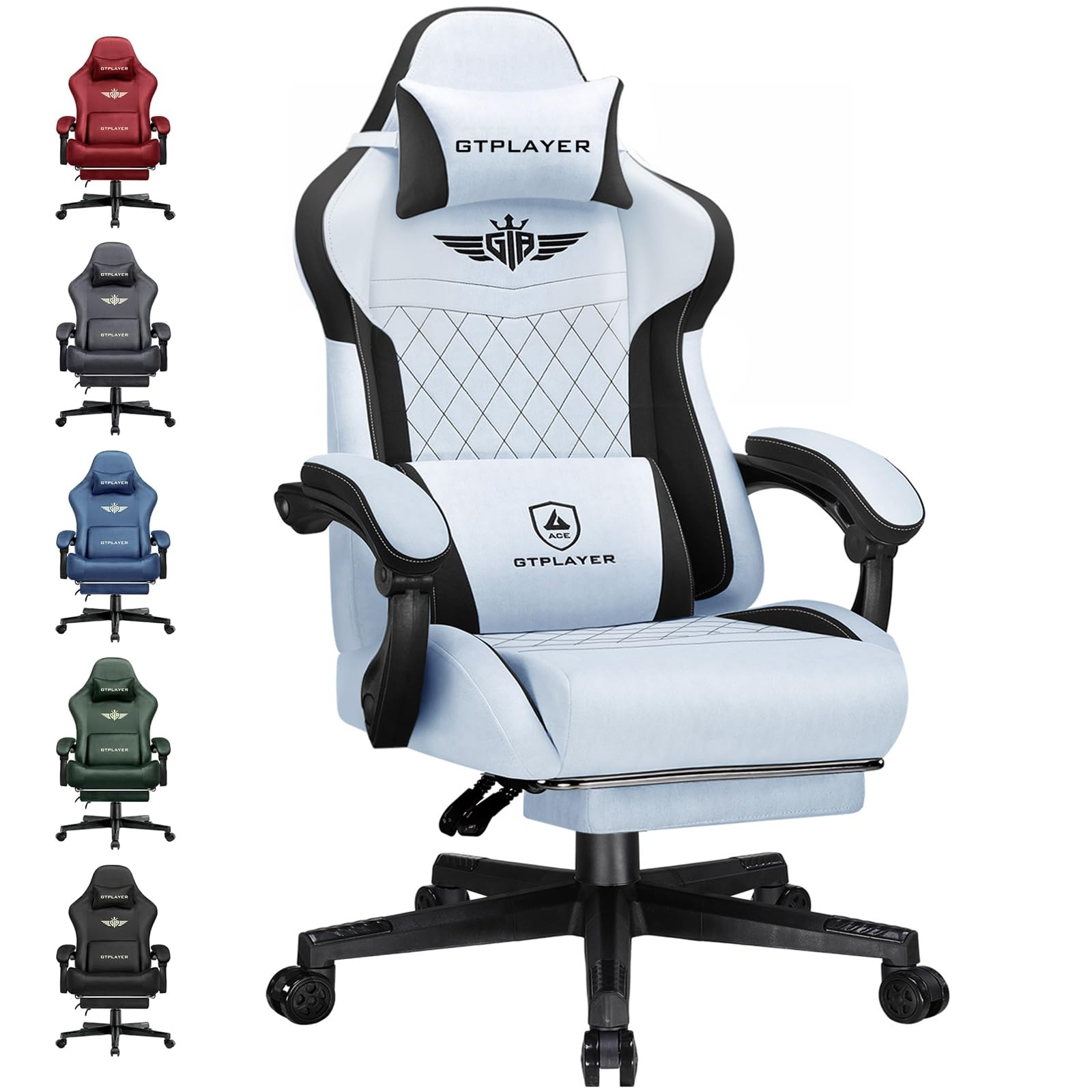 GTPLAYER Gaming Chair Fabric with Pocket Spring Cushion, High Back Ergonomic Computer Chair with Footrest for Adults Lumbar Support Swivel Game Chair for Office Gaming 350LBS, Light Blue