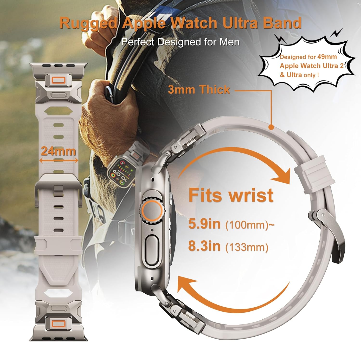 Sport Band for Apple Watch Ultra 2 & Ultra 49mm, FKM Rugged Ultra 2 Watch Bands for Men, Waterproof Apple Watch Wristband with Metal Connector, Men's Military Sport iWatch Replacement Strap