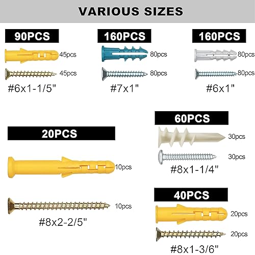 Miniatura 23 de KURUI Kit surtido de anclajes y tornillos para paneles de yeso, 270 unidades, 135 anclajes de expansión de pared seca de plástico y 135 tornillos