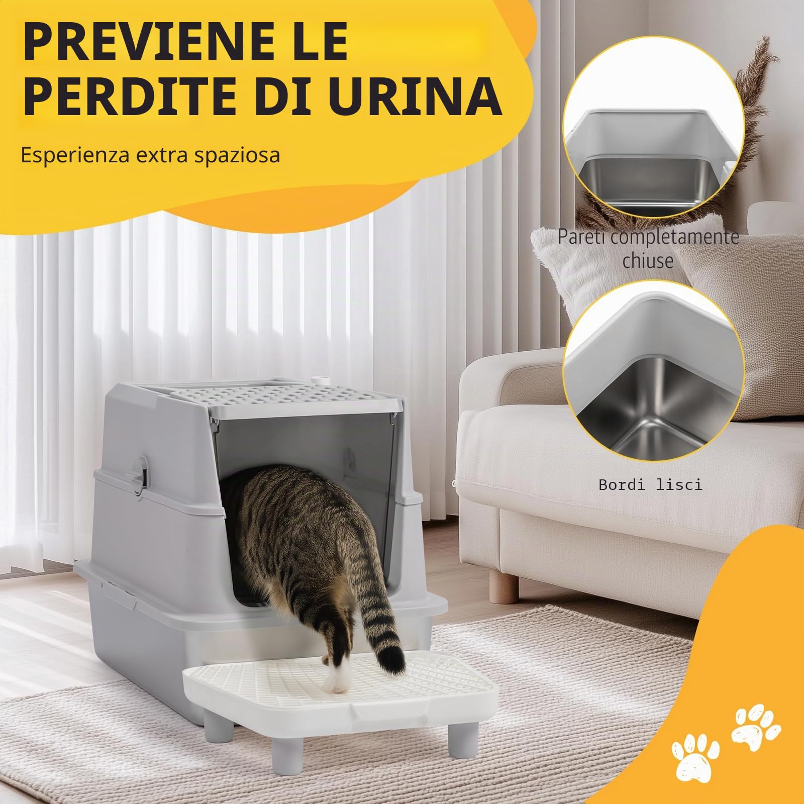 LEADZM Lettiera per gatti XXL - Casa di toilette per gatti chiuso, 60 x 40 x 46 cm, in acciaio inossidabile, coperchio rimovibile, paletta per lettiera e tappetino inclusi, colore: grigio