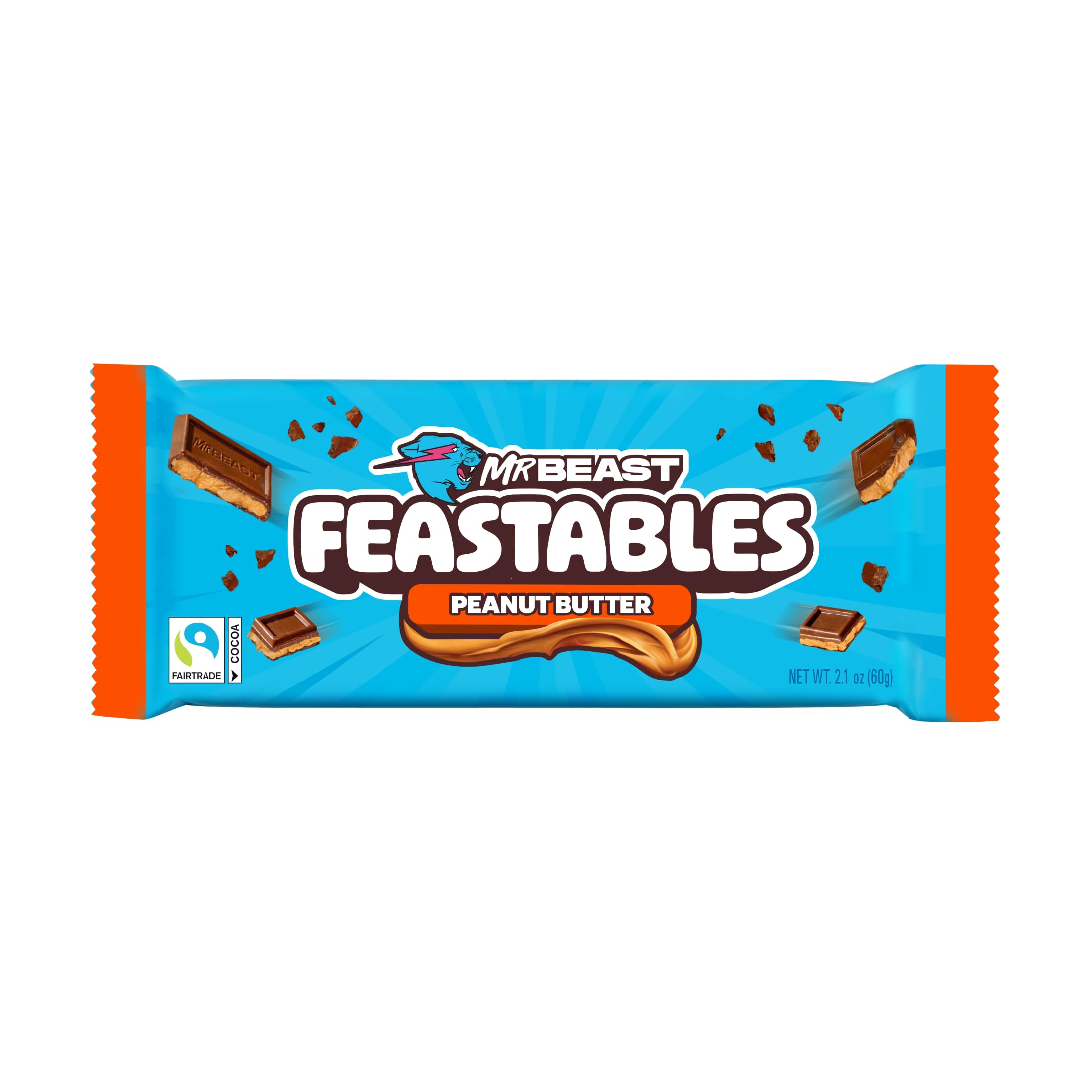 FeastablesMrBeast Peanut Butter Milk Chocolate Chocolate Bar, King Size Candy Bar for Adults & Kids, Candy Bars for Snacks, Gifts, & Dessert, Sweet & Creamy Fairtrade Cocoa, 2.1 Oz Each, 10 Count