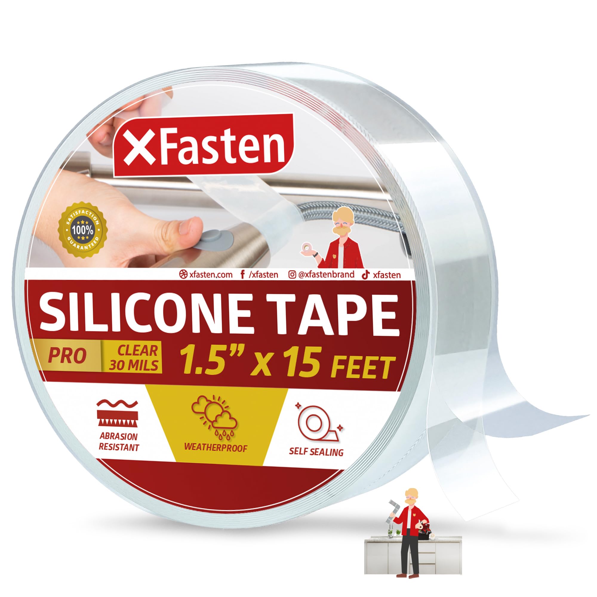 XFasten Self-fusing Silicone Tape Pro, Clear, 1.5-Inch x 15-Feet, 30mils Extreme Silicone Repair Pipe Tape for Electrical, Radiator Hose, Garden Hose,