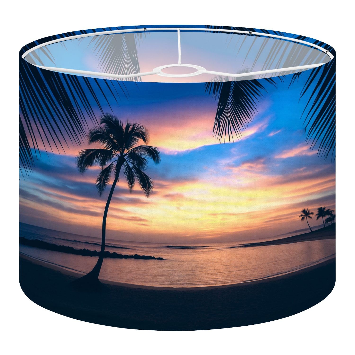 Fabric Drum Lamp Shade Sunset Sihouette Palm Tree Poipu Beach Hawaii Vintage Funky Medium Linen Decorative Lampshades 13inch Set of 1 for Table Lamps, Floor Lamps,Ceiling Lamp