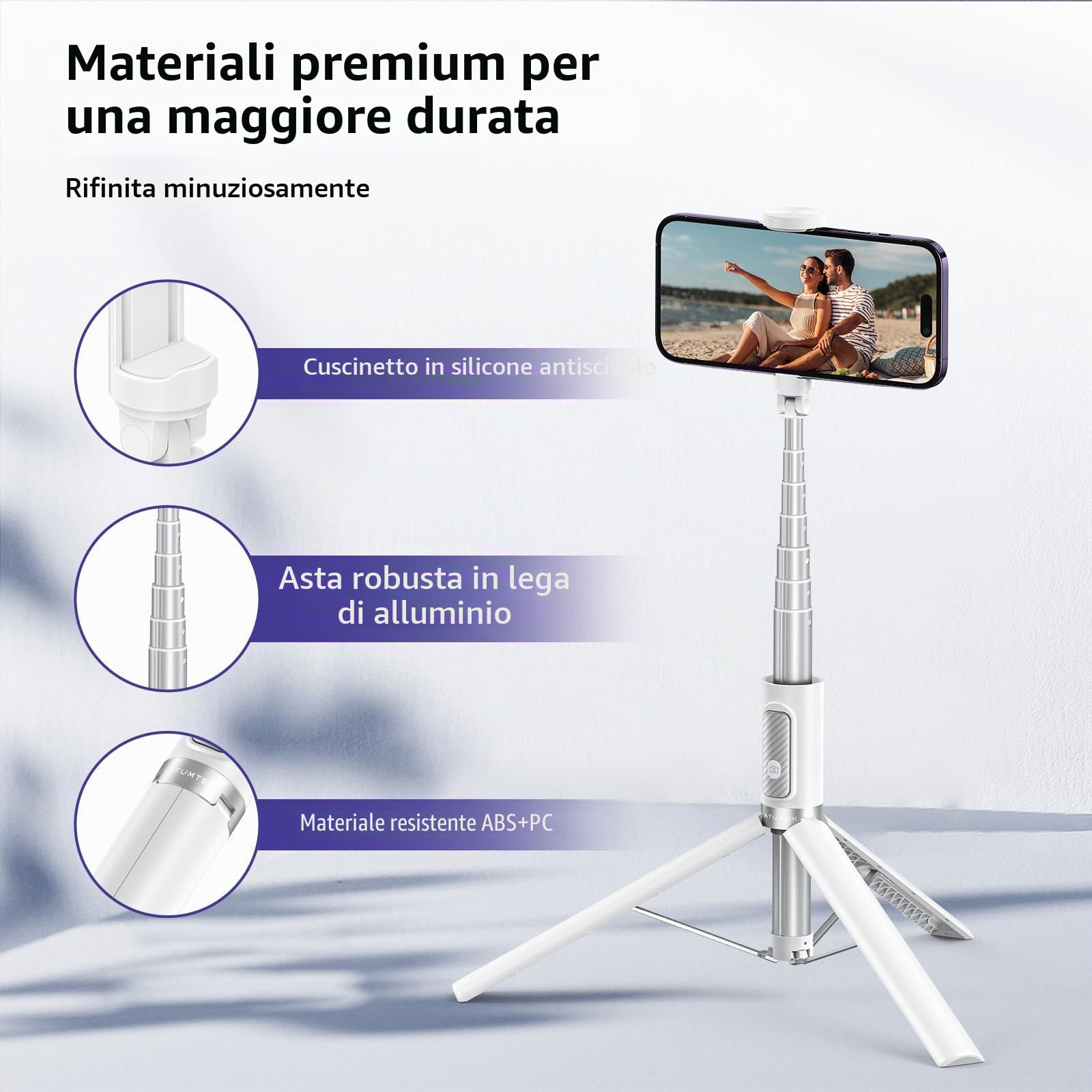 ATUMTEK Bastone Selfie Tripode 174cm, Selfie Stick Alluminio con Telecomando Bluetooth Ricaricabile, Compatibile con Smartphone iPhone e Android, Perfetto per Viaggi, Vlog, Video e Foto, Bianco